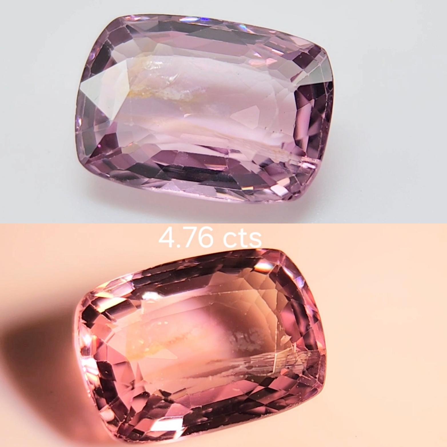 Questo grazioso spinello rosa  Il taglio a cuscino pesa 4,76 carati e sarebbe un bellissimo anello a tre pietre, anche se la sua forma si presta a diverse possibilità! Misura 11.8 x 8.5 x 4.8  millimetri, è pulito, brillante e ben sfaccettato, con