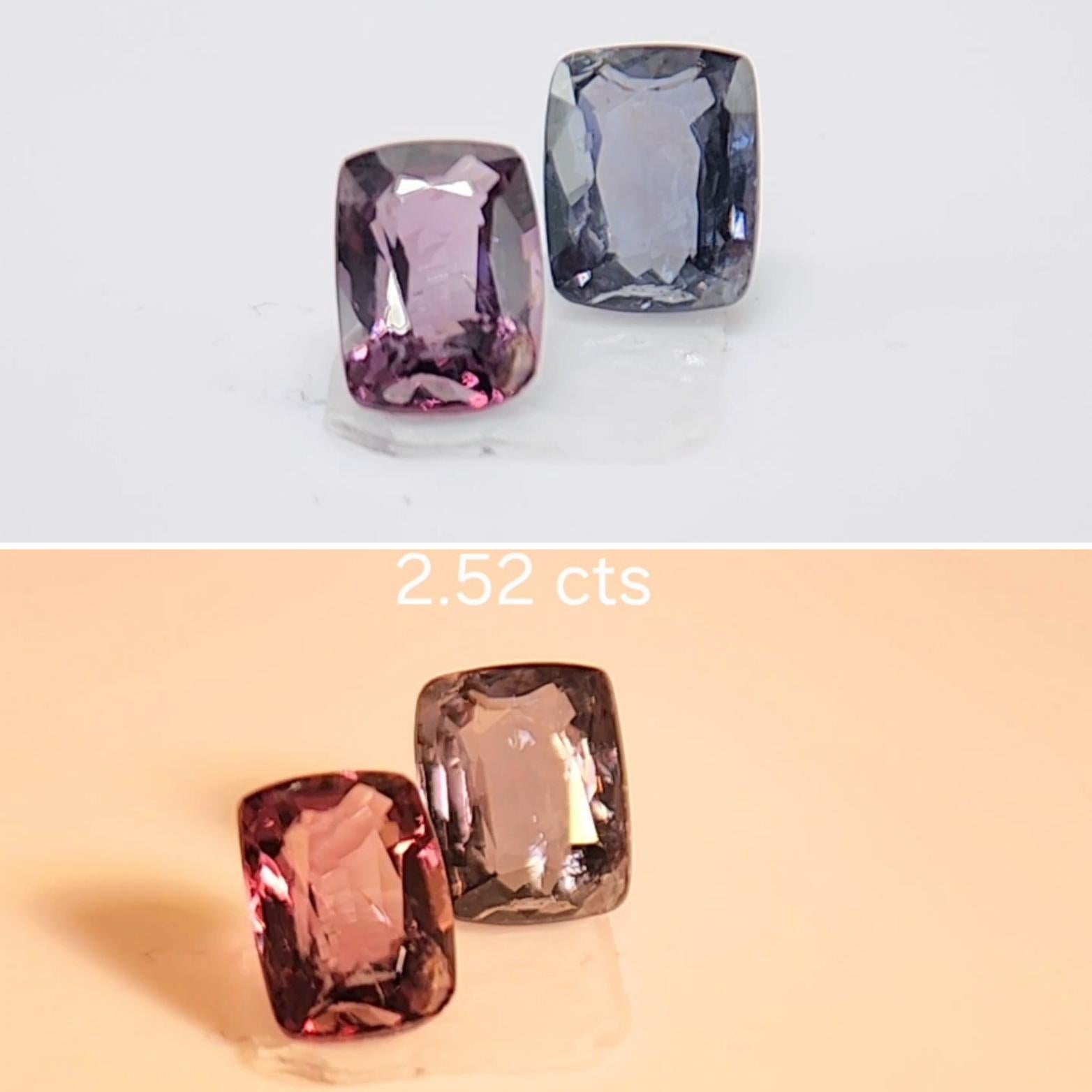 Questo grazioso spinello rosa-violaceo e blu grigiastro, taglio cuscino, pesa 2,52  carati e sarebbe un bellissimo  anche se la sua forma si presta a diverse possibilità! Misura 7.50 x 5.40 x 3.20  e 7,30 x 5,80x 3,20 millimetri, è un occhio 
