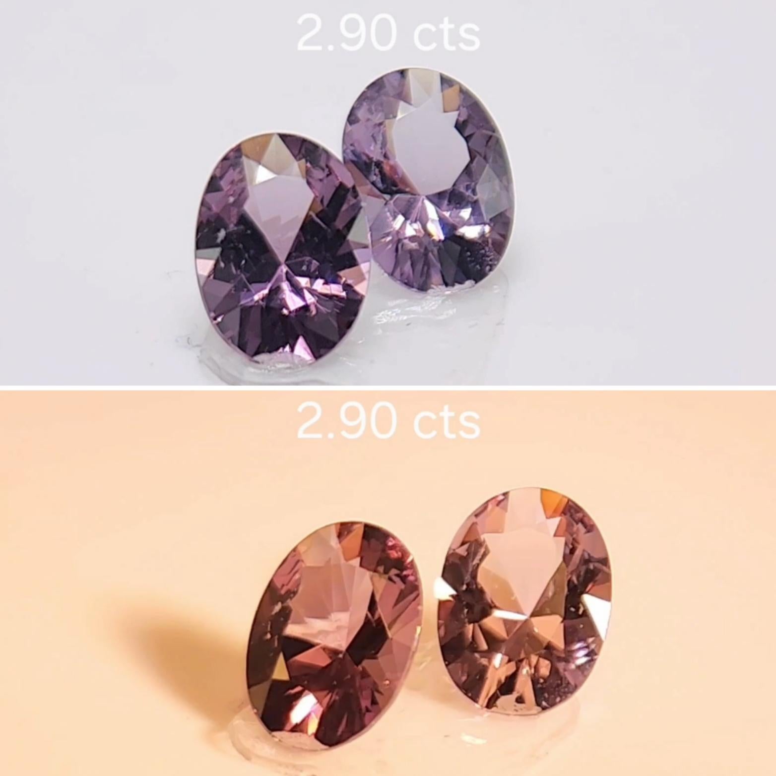 Questo grazioso  Spinello viola intenso taglio ovale, pesa 2,90 carati e sarebbe un bellissimo  anche se la sua forma si presta a diverse possibilità! Misura 8,70 x 6,30 x 4,00  e 
8,80 x 6,20 x 4,00 millimetri, coppia perfetta  Brilliante e ben