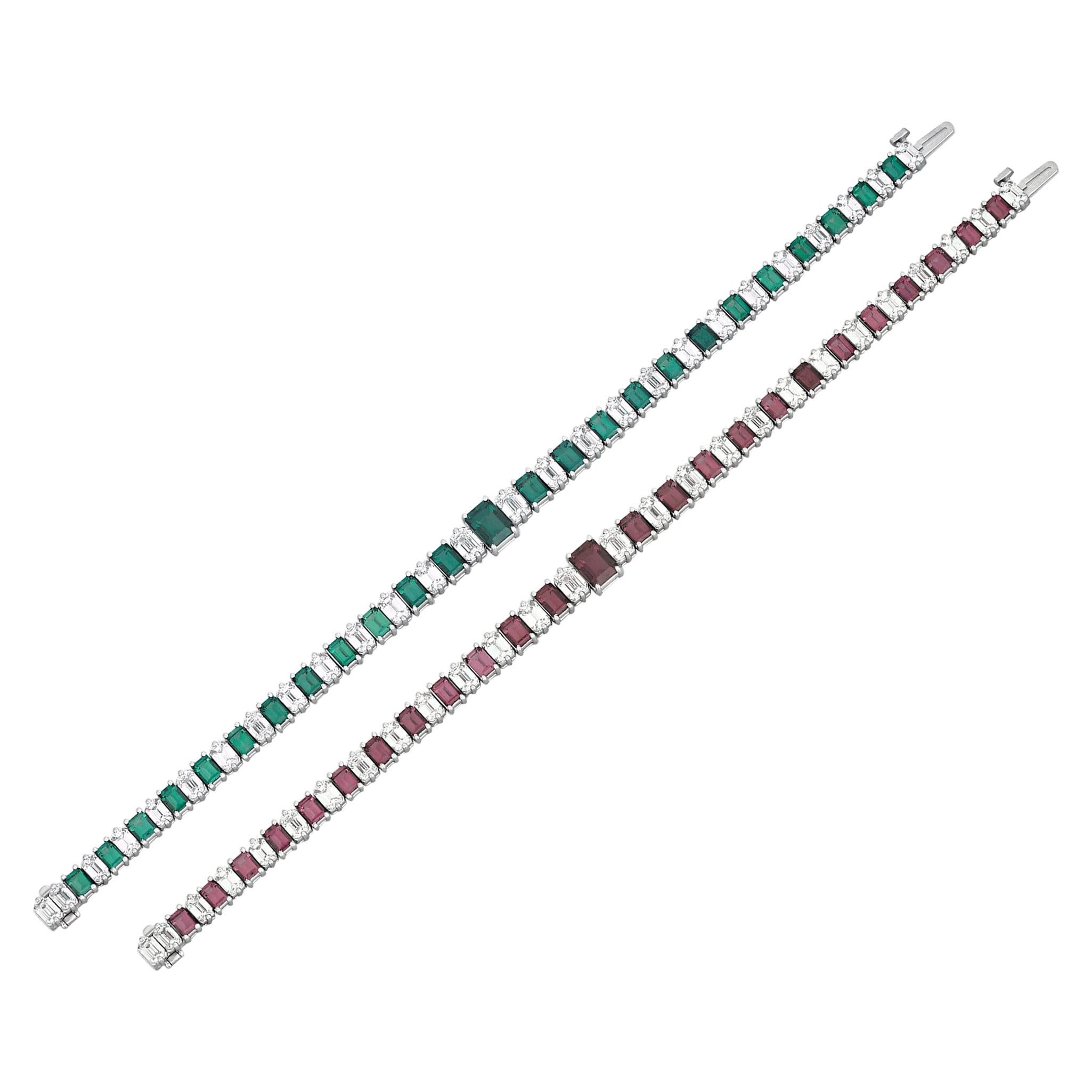 Twenty-five extremely rare alexandrites display their fascinating ability to change color in this classic tennis bracelet. Totaling 8.24 carats, the emerald-cut stones exhibit a lovely bluish-green hue in daylight and a purple color when viewed