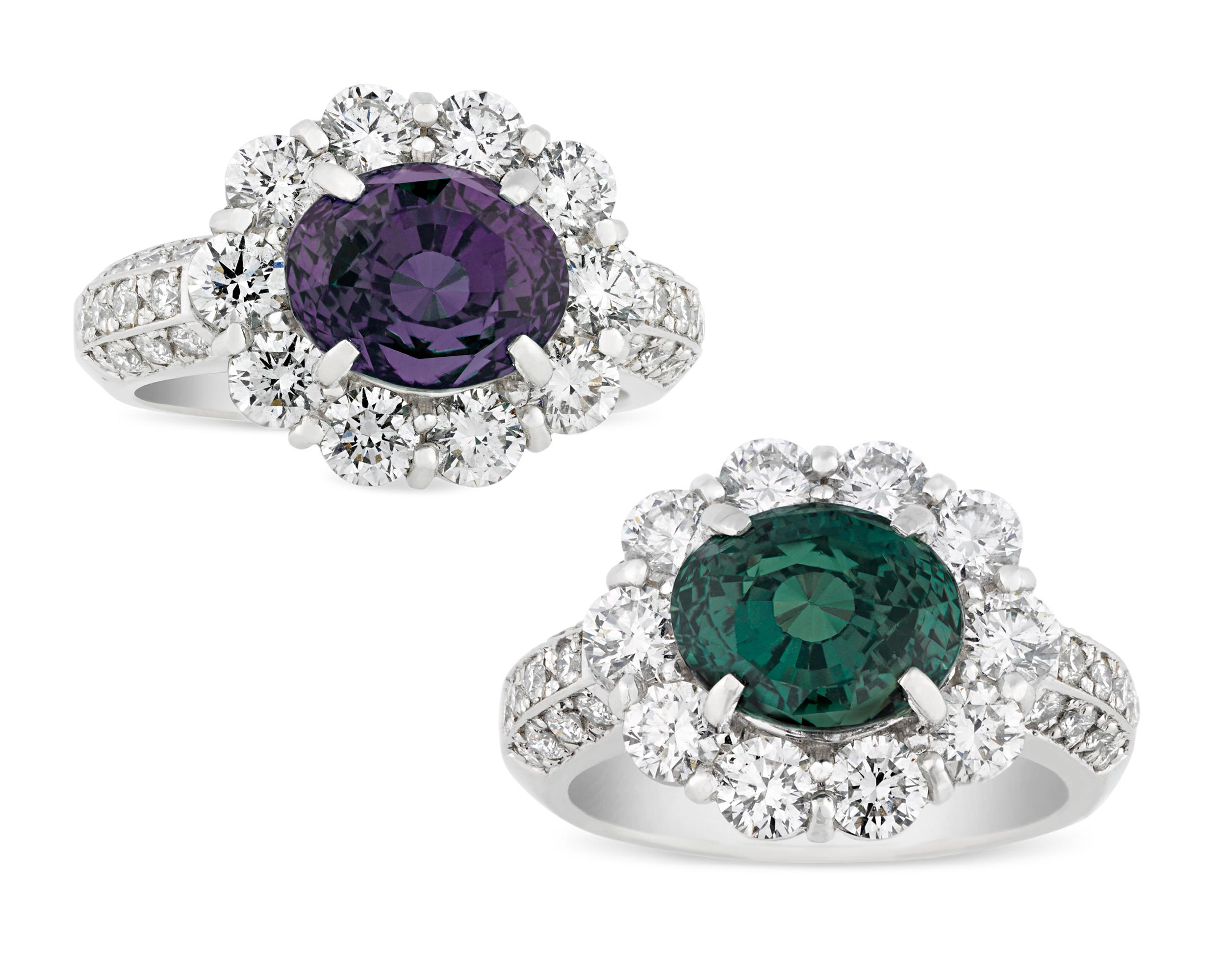 Weighing 4.52 carats, this captivating oval-cut alexandrite exhibits the unique color change for which these rare stones are renowned. Displaying a lovely bluish-green hue in daylight, the remarkable gem exhibits a beautiful purple color when