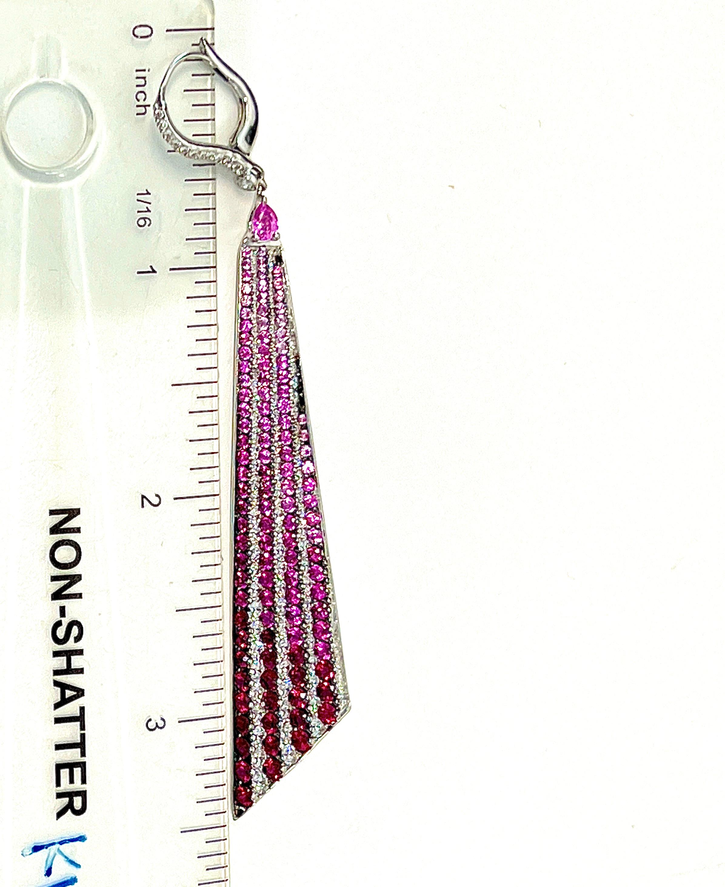 Color Changing Diamond, Ruby and Pink Sapphire Ombre' Dangle Earrings In New Condition For Sale In Beverly Hills, CA