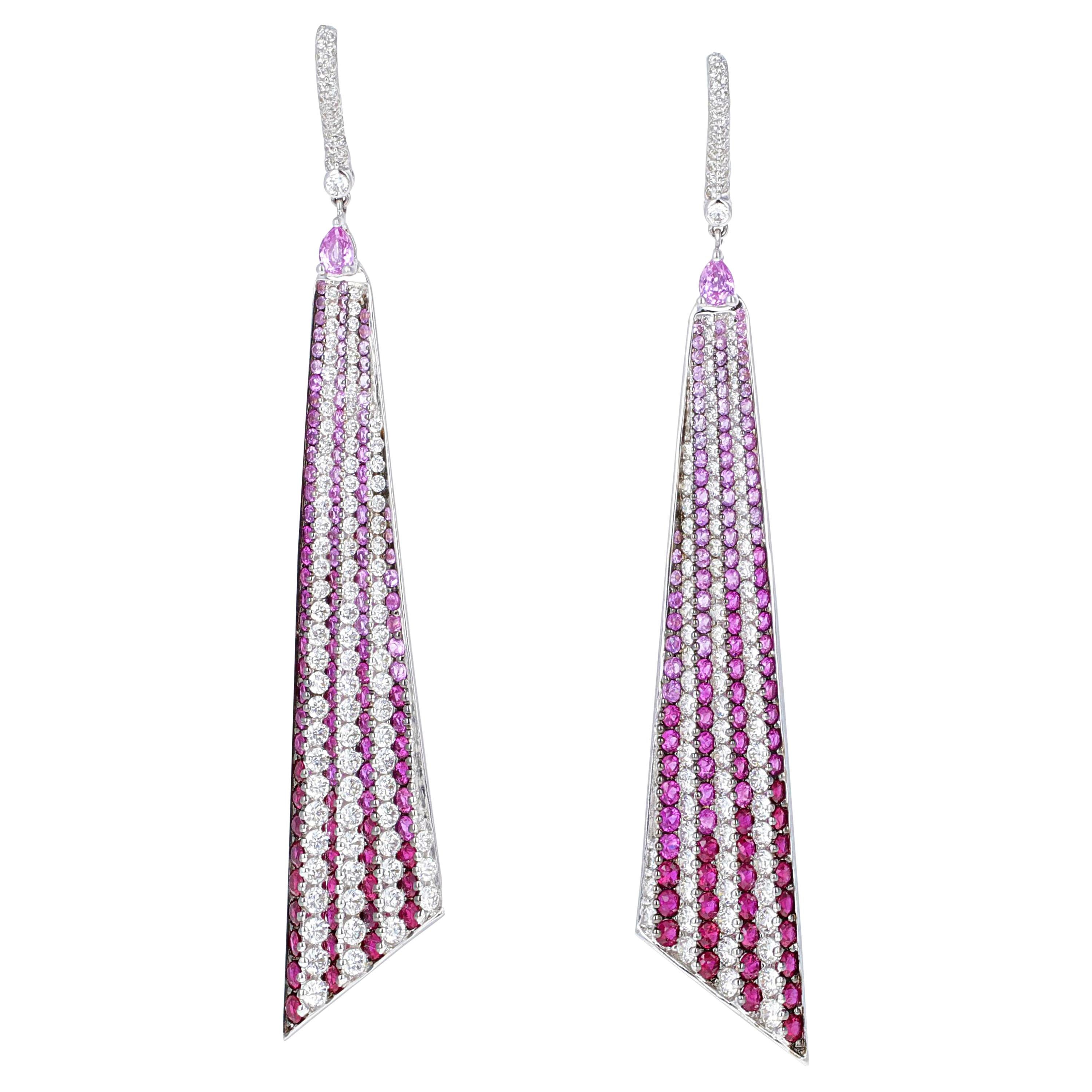 Color Changing Diamond, Ruby and Pink Sapphire Ombre' Dangle Earrings