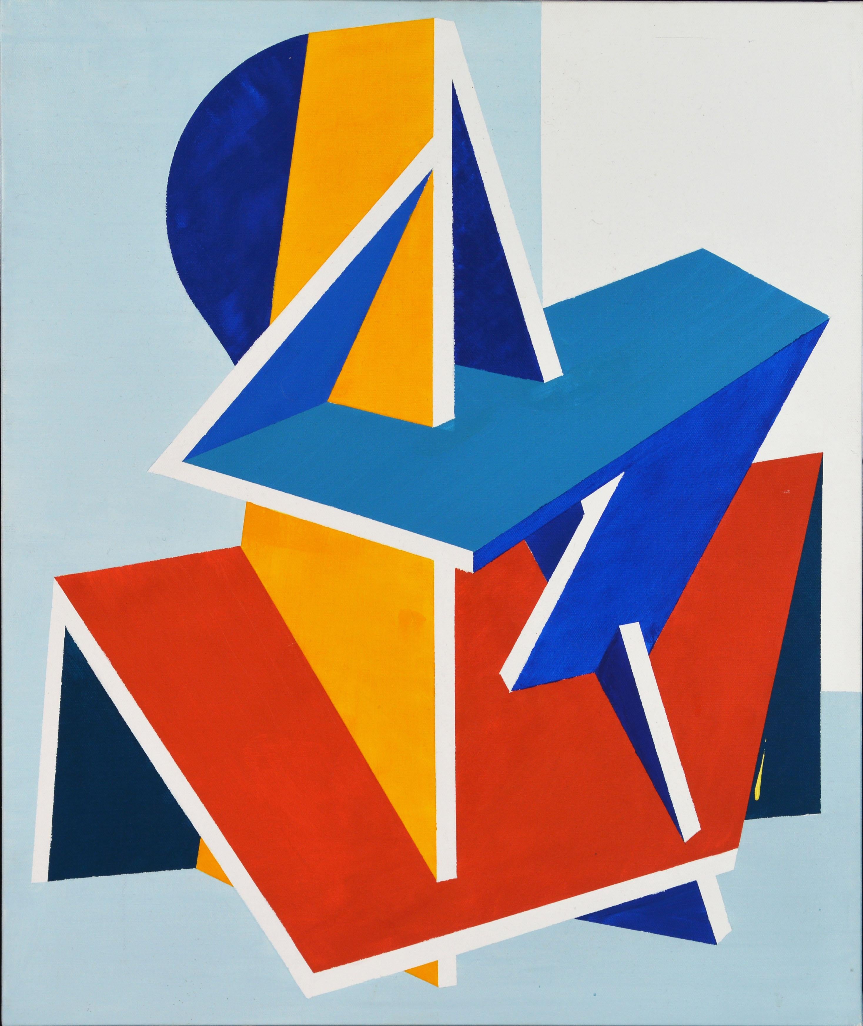 'Color Composition'
by Anders Hegelund, Danish b. 1938.
Acrylic on canvas. Measures: 23.5 x 19.5 in. without frame, 25.25 x 21.25 in. including frame, signed, dated and titled on the back.
Housed in a Minimalist style worn silver finish floater