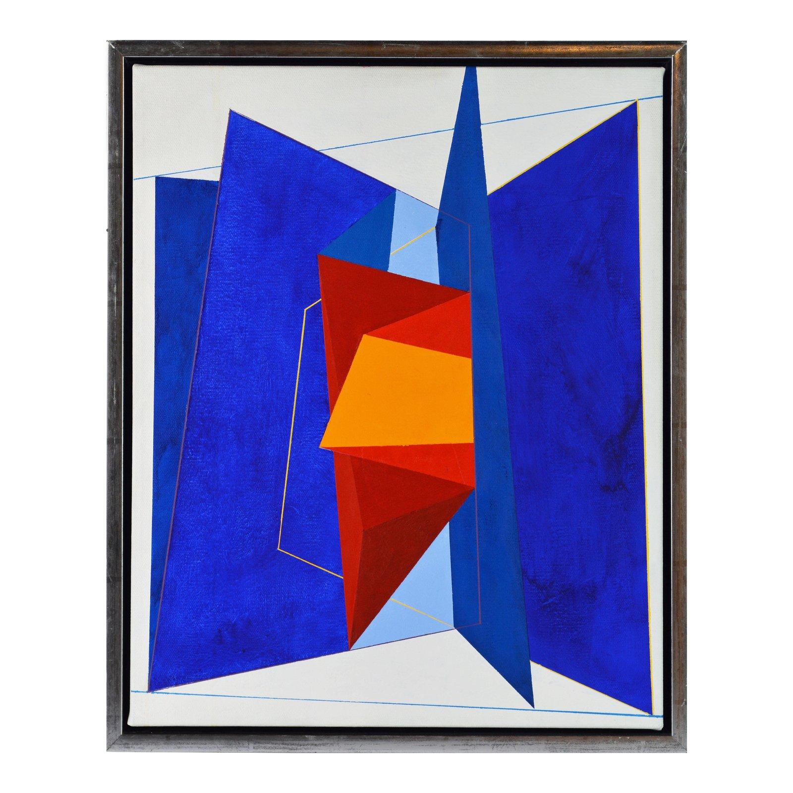 'Color Composition'
by Anders Hegelund, Danish b. 1938.
Acrylic on canvas. Measures: 15.75 x 19.75 in. without frame, 17 x 21 in. including frame, signed, dated and inscribed on the back.
Housed in a Minimalist style silver finish floater