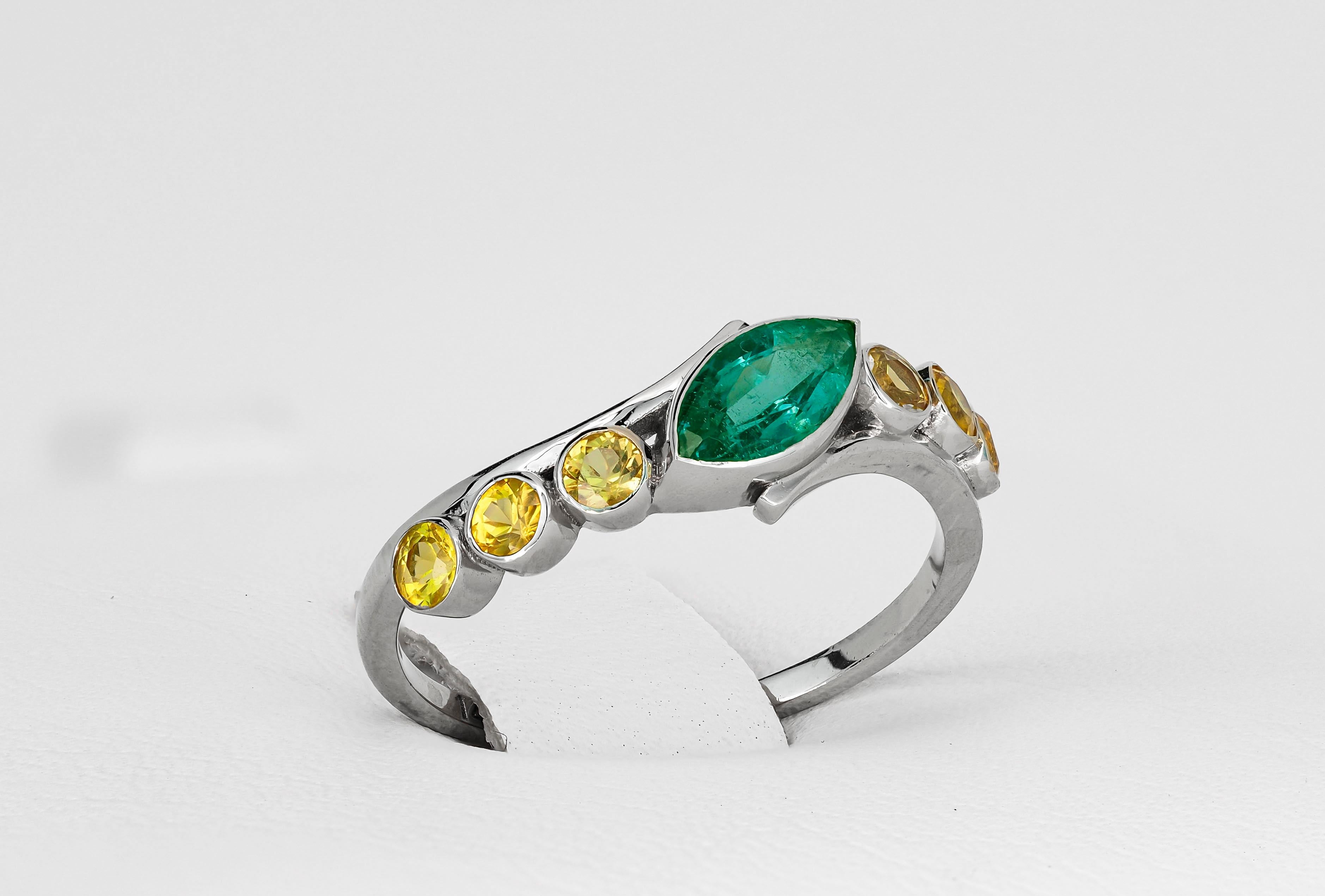 For Sale:  Color Contrast 14k Gold Ring with Marquise Cut Emerald and Sapphires 2