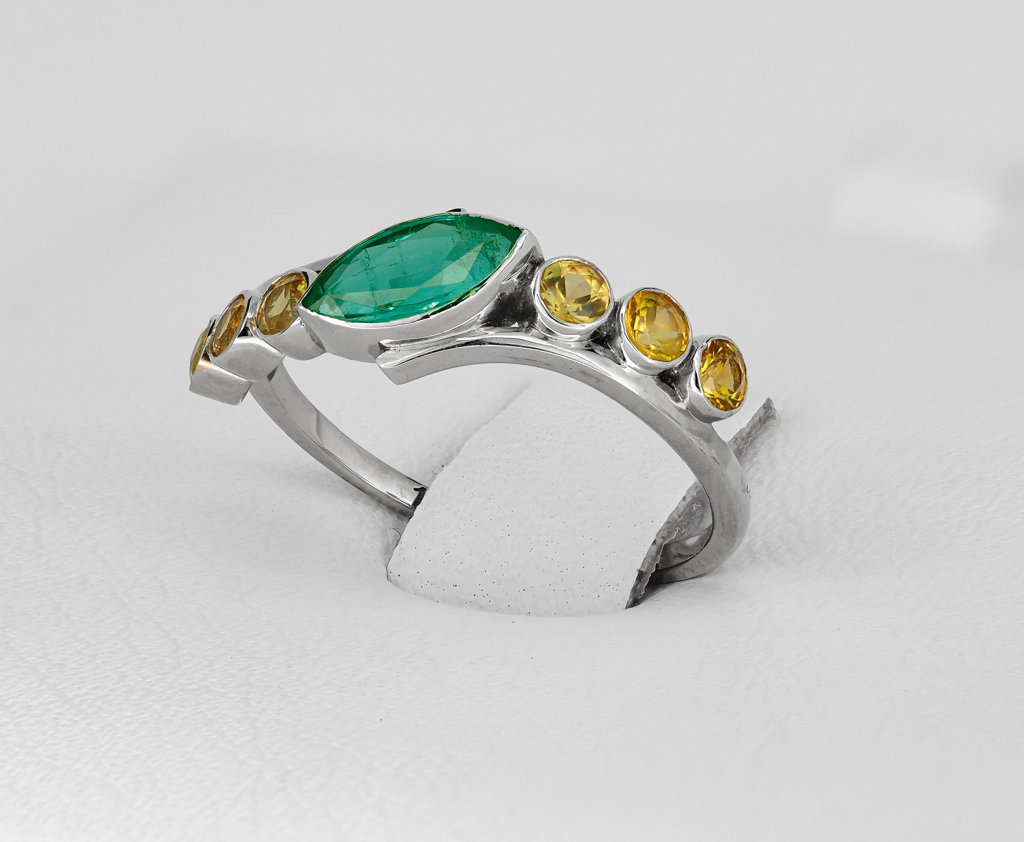 For Sale:  Color Contrast 14k Gold Ring with Marquise Cut Emerald and Sapphires 3