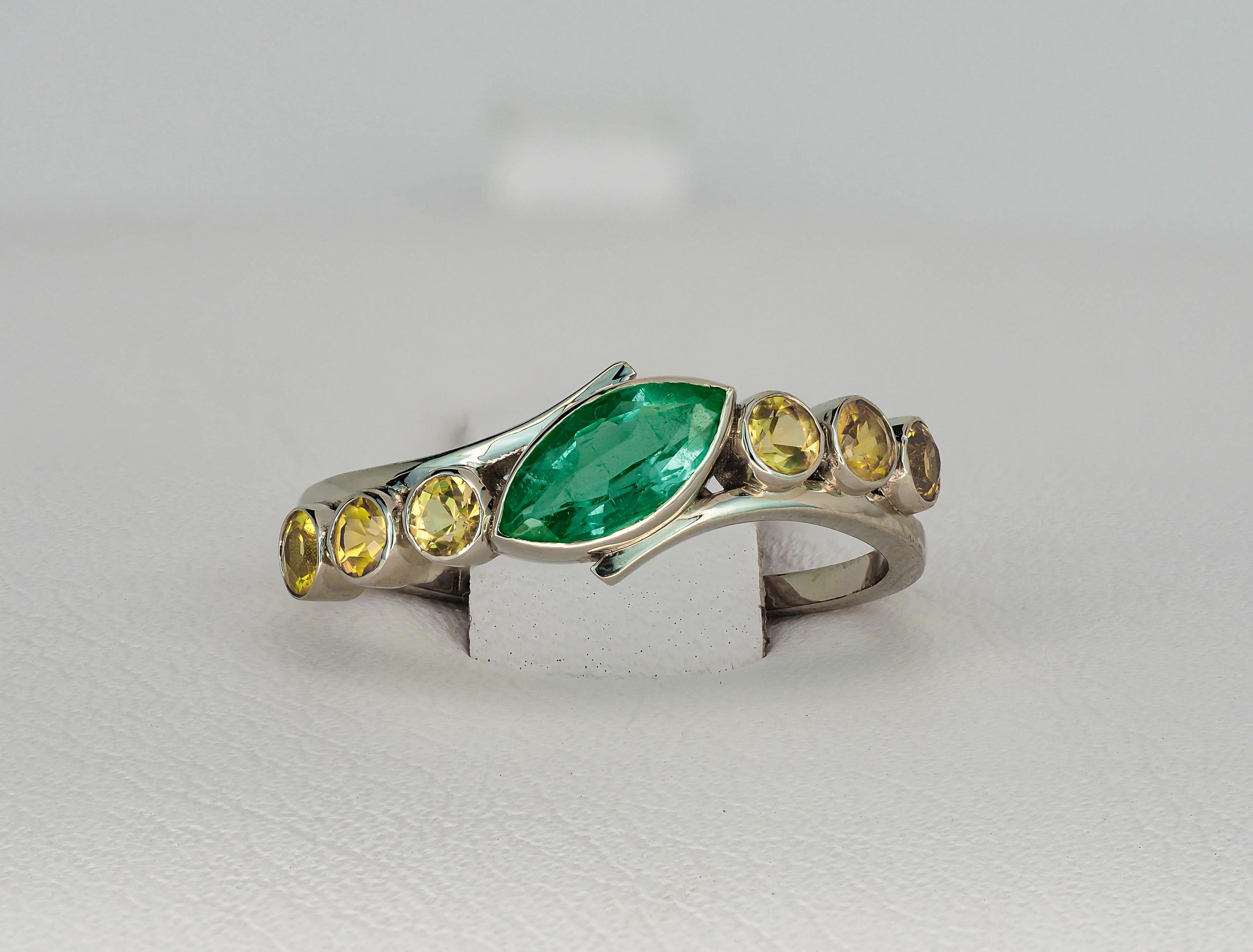 For Sale:  Color Contrast 14k Gold Ring with Marquise Cut Emerald and Sapphires 4
