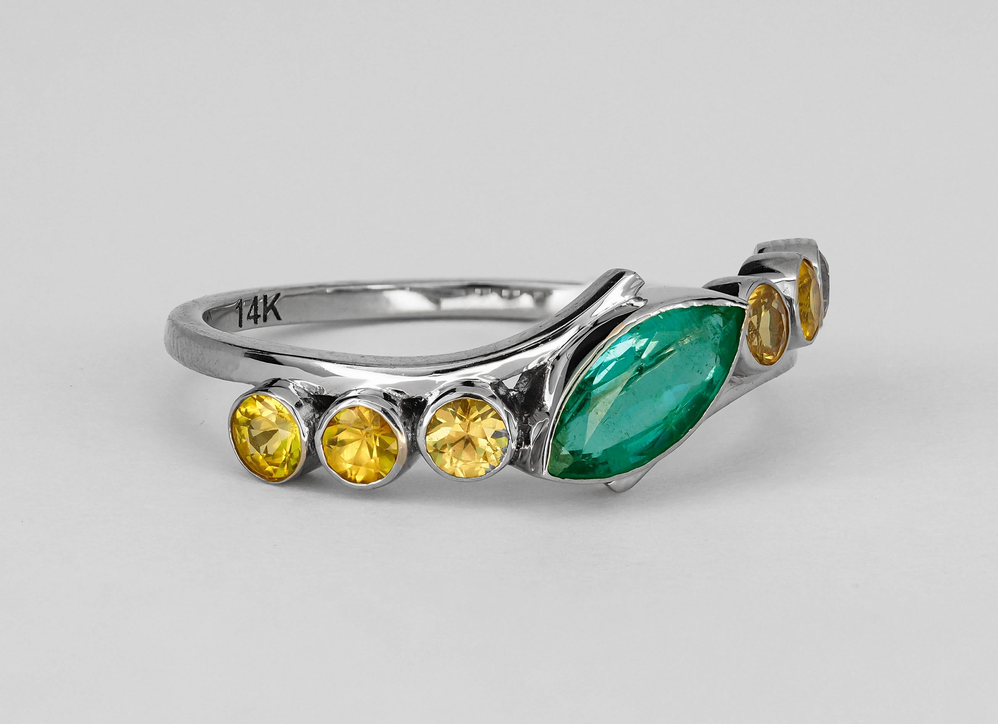 For Sale:  Color Contrast 14k Gold Ring with Marquise Cut Emerald and Sapphires 5