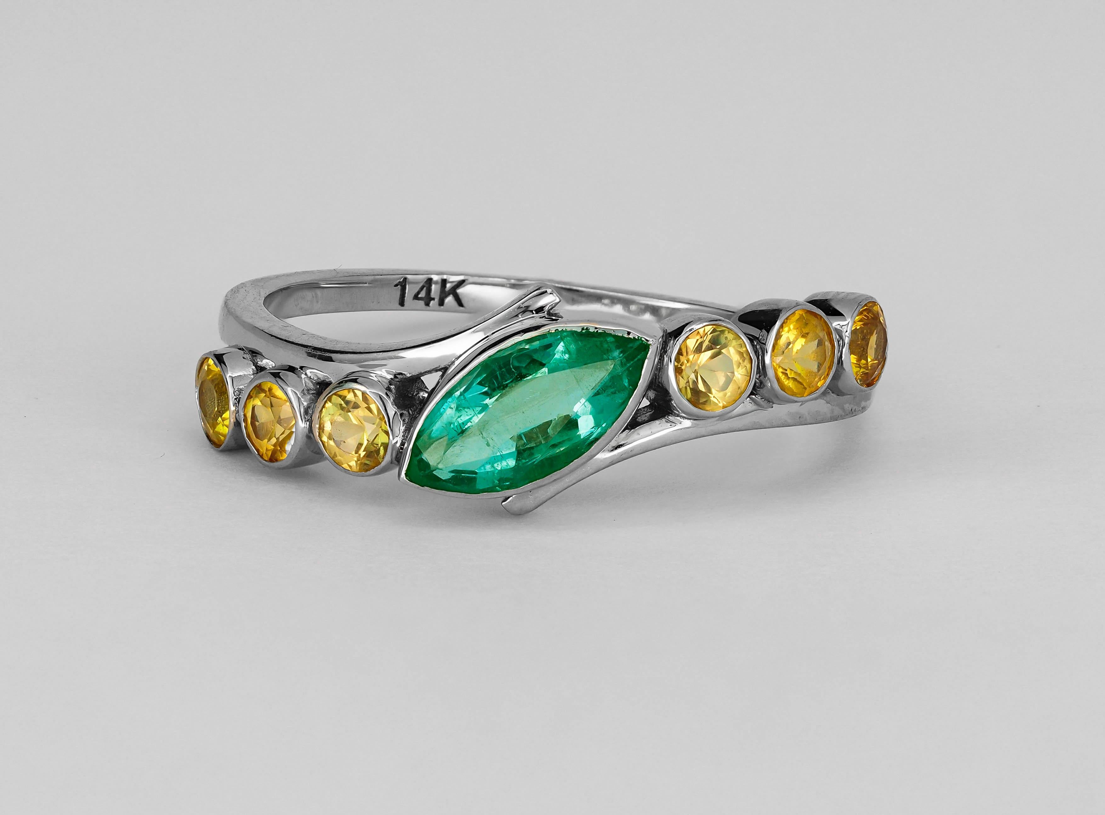 For Sale:  Color Contrast 14k Gold Ring with Marquise Cut Emerald and Sapphires 6