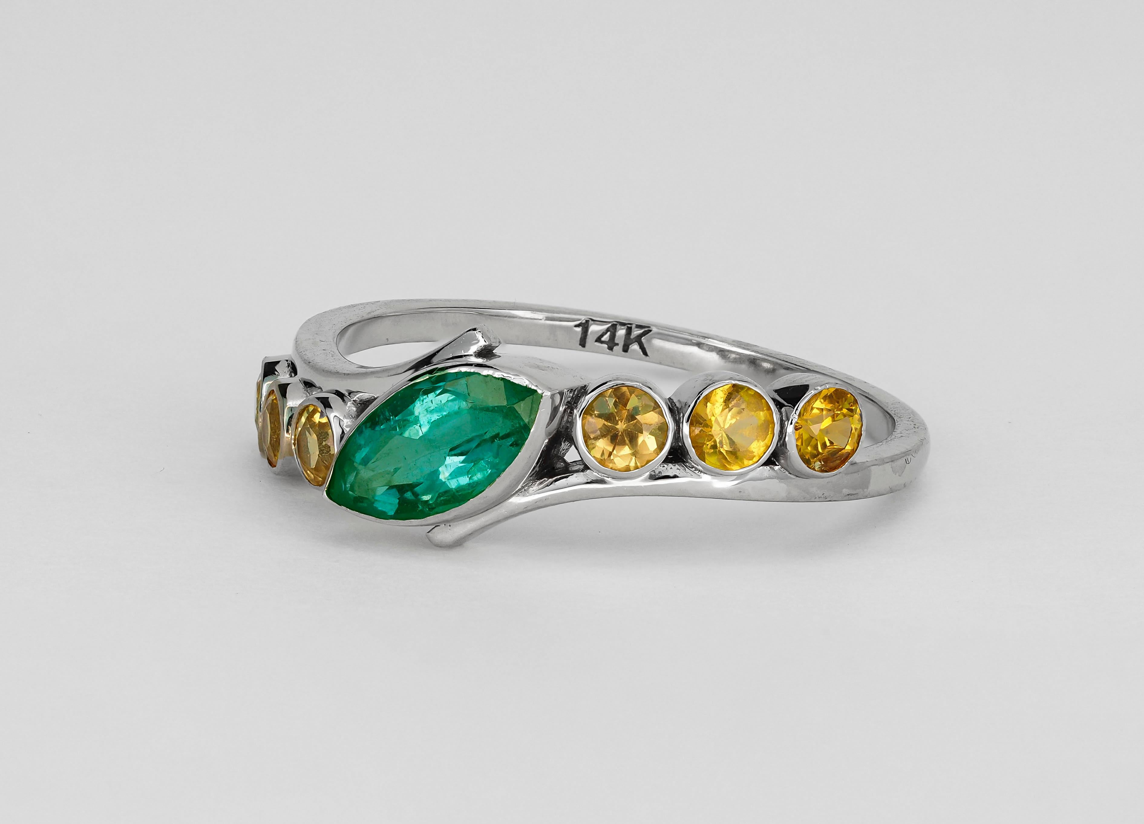 For Sale:  Color Contrast 14k Gold Ring with Marquise Cut Emerald and Sapphires 7