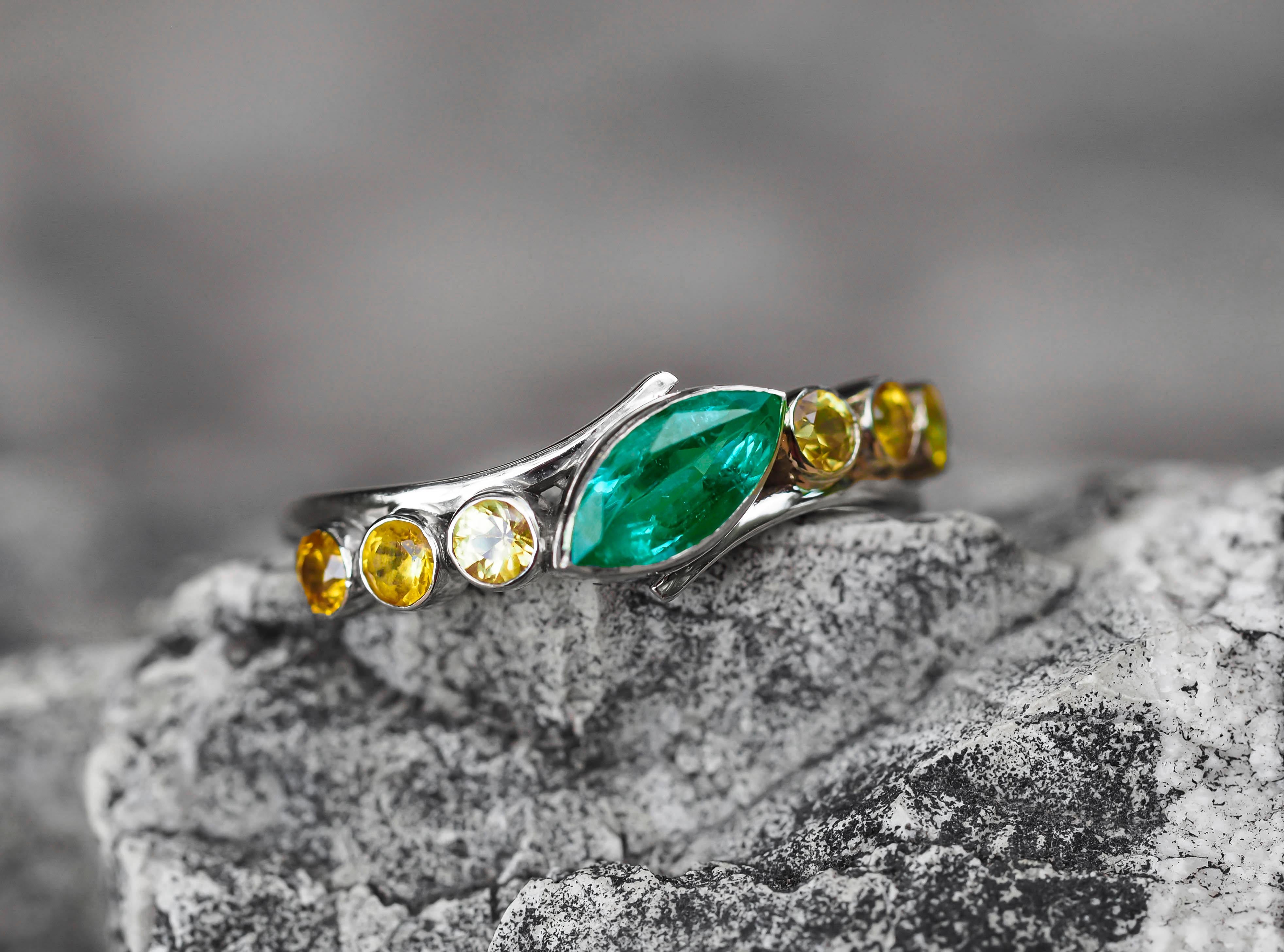 For Sale:  Color Contrast 14k Gold Ring with Marquise Cut Emerald and Sapphires 8