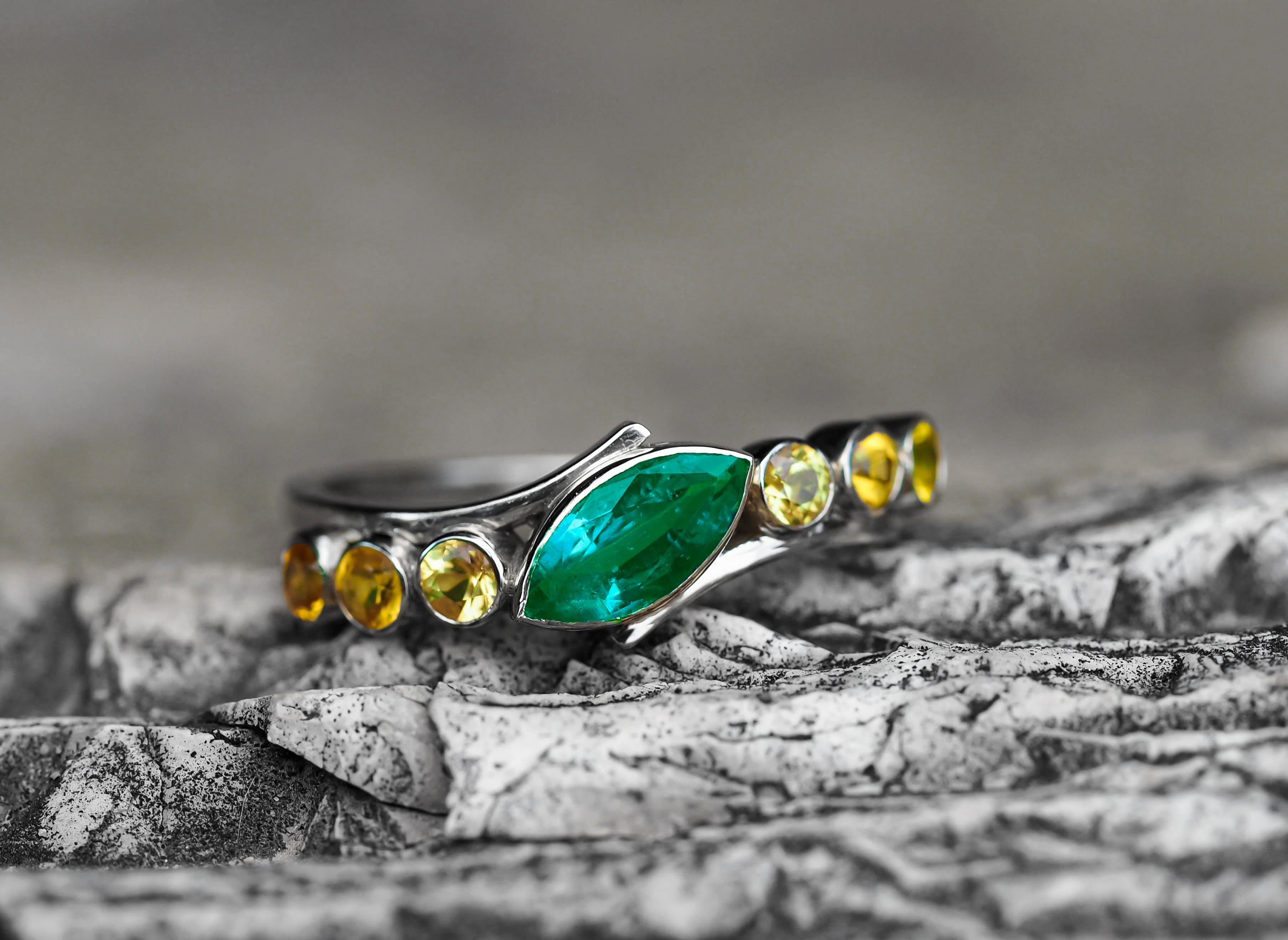 For Sale:  Color Contrast 14k Gold Ring with Marquise Cut Emerald and Sapphires 9