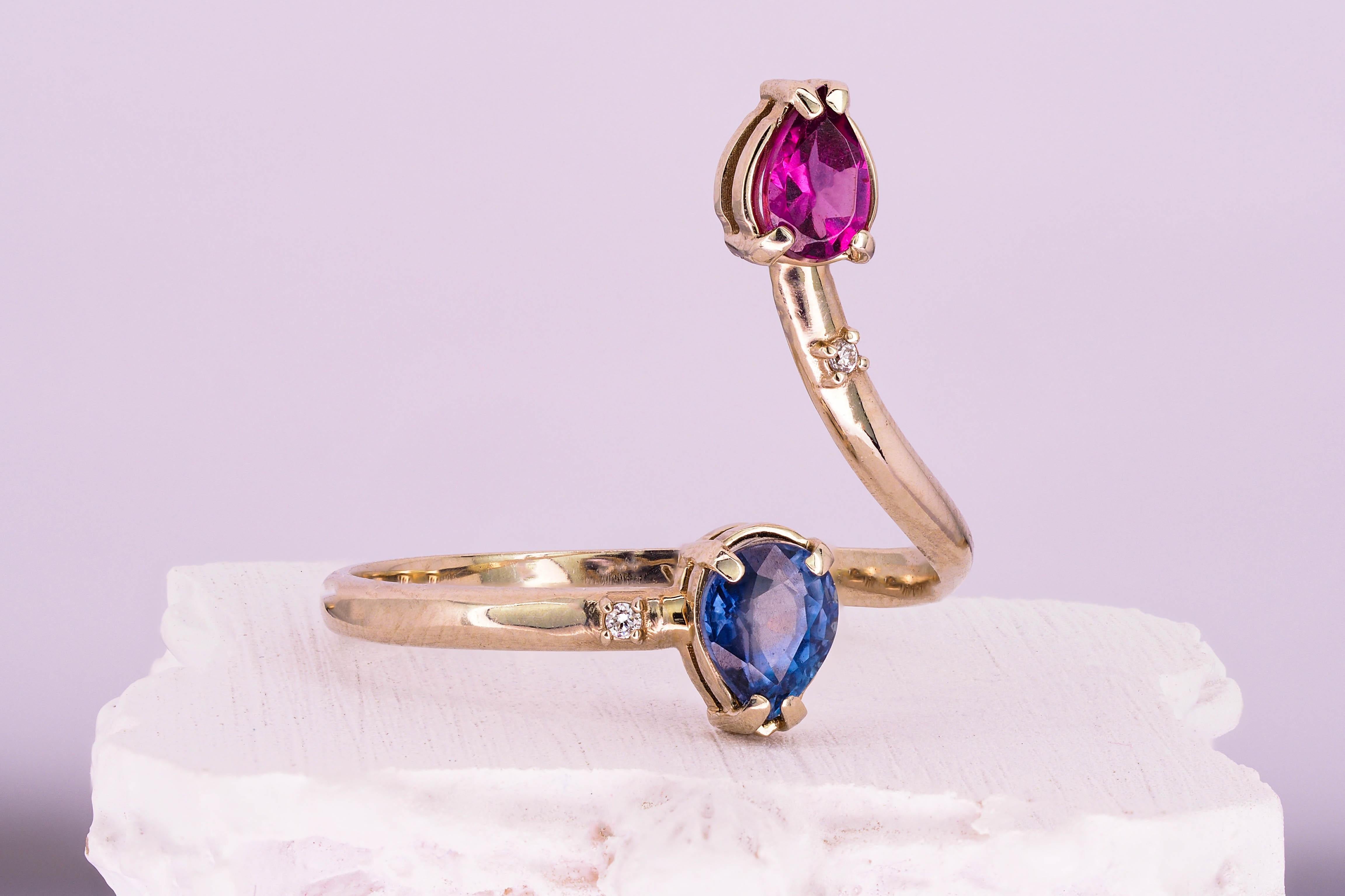 For Sale:  Color Contrast Ring with Red Garnet, Blue Sapphire and Diamonds 4