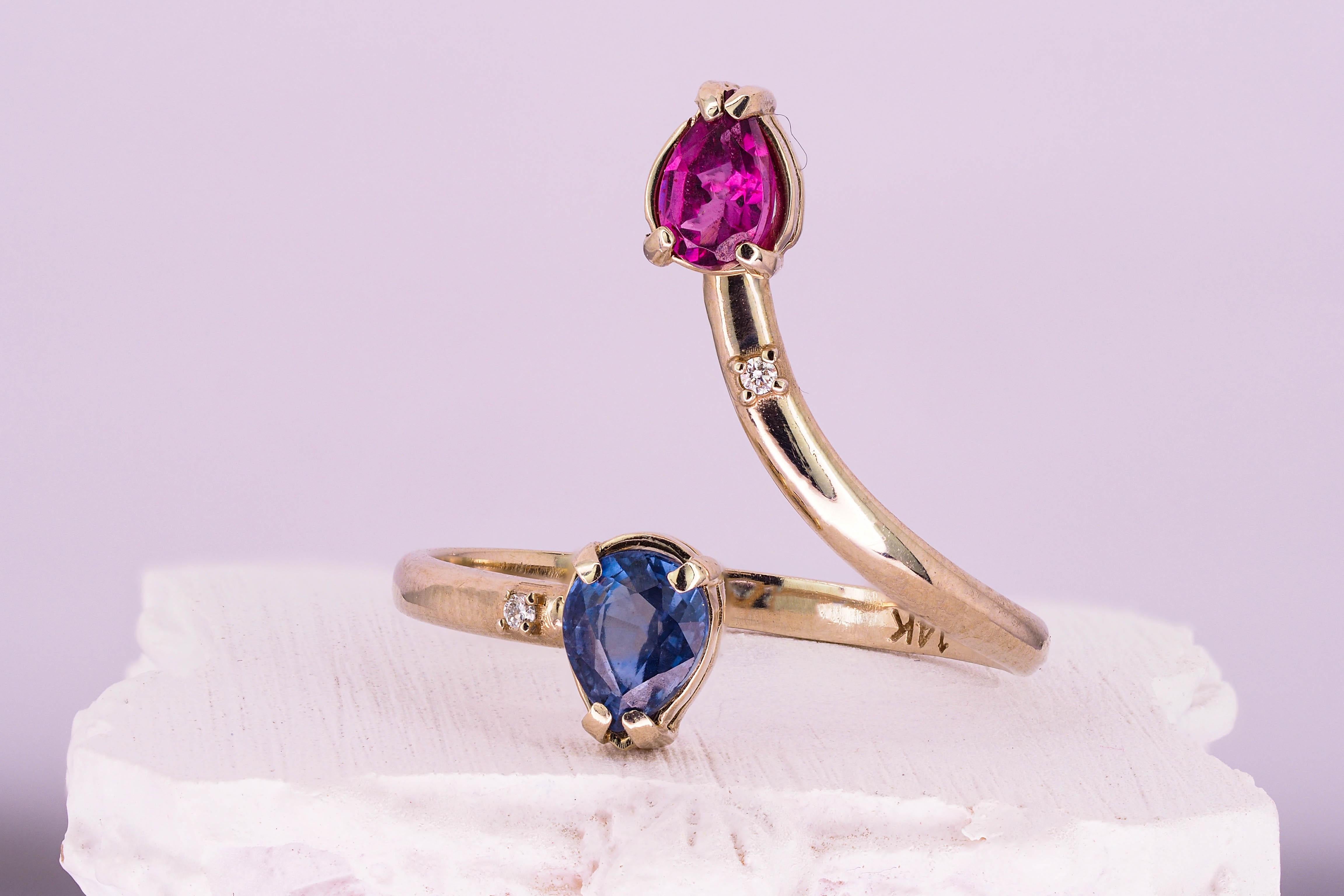 For Sale:  Color Contrast Ring with Red Garnet, Blue Sapphire and Diamonds 5