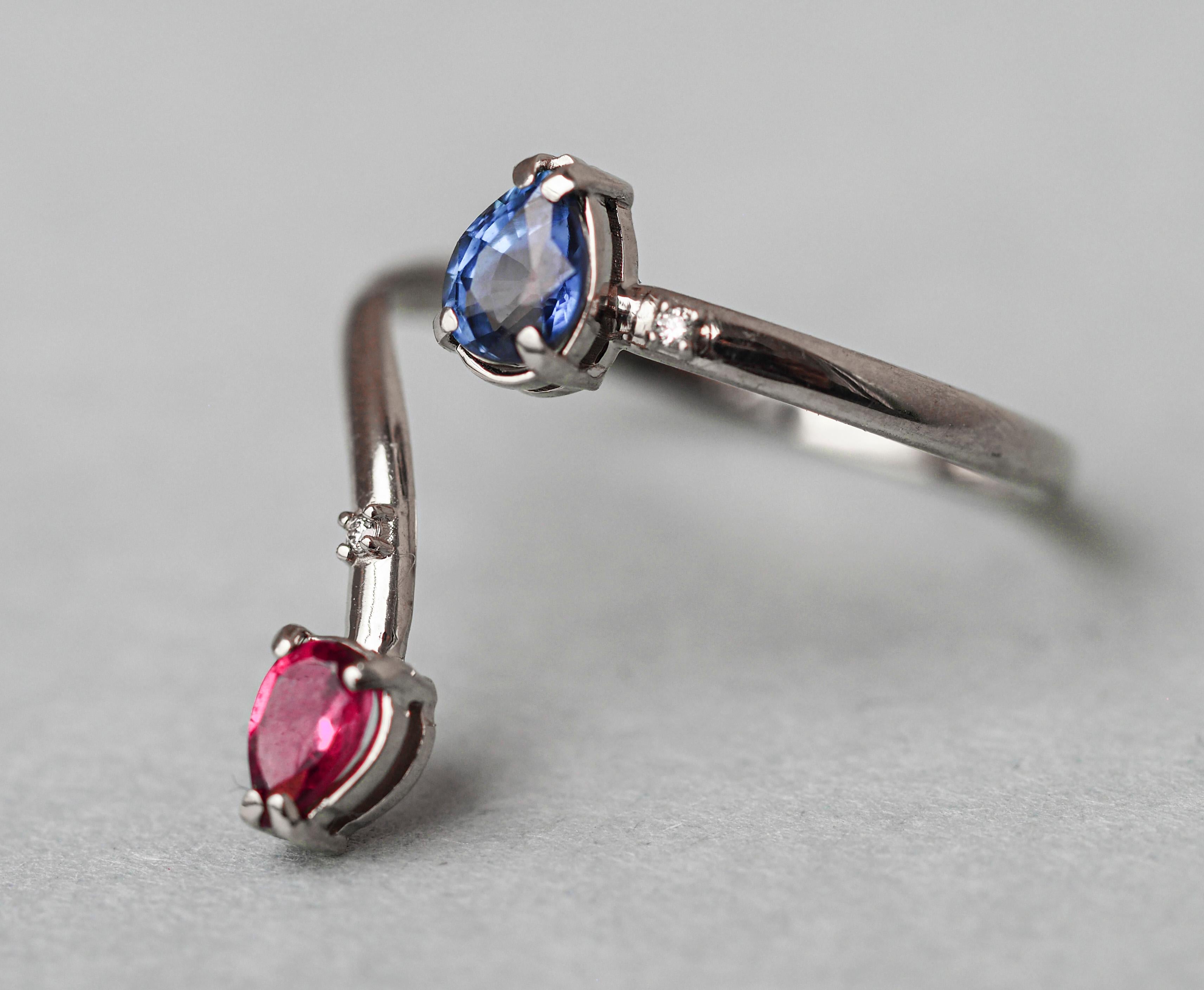 For Sale:  14k gold ring with red garnet, blue sapphire and diamonds 6