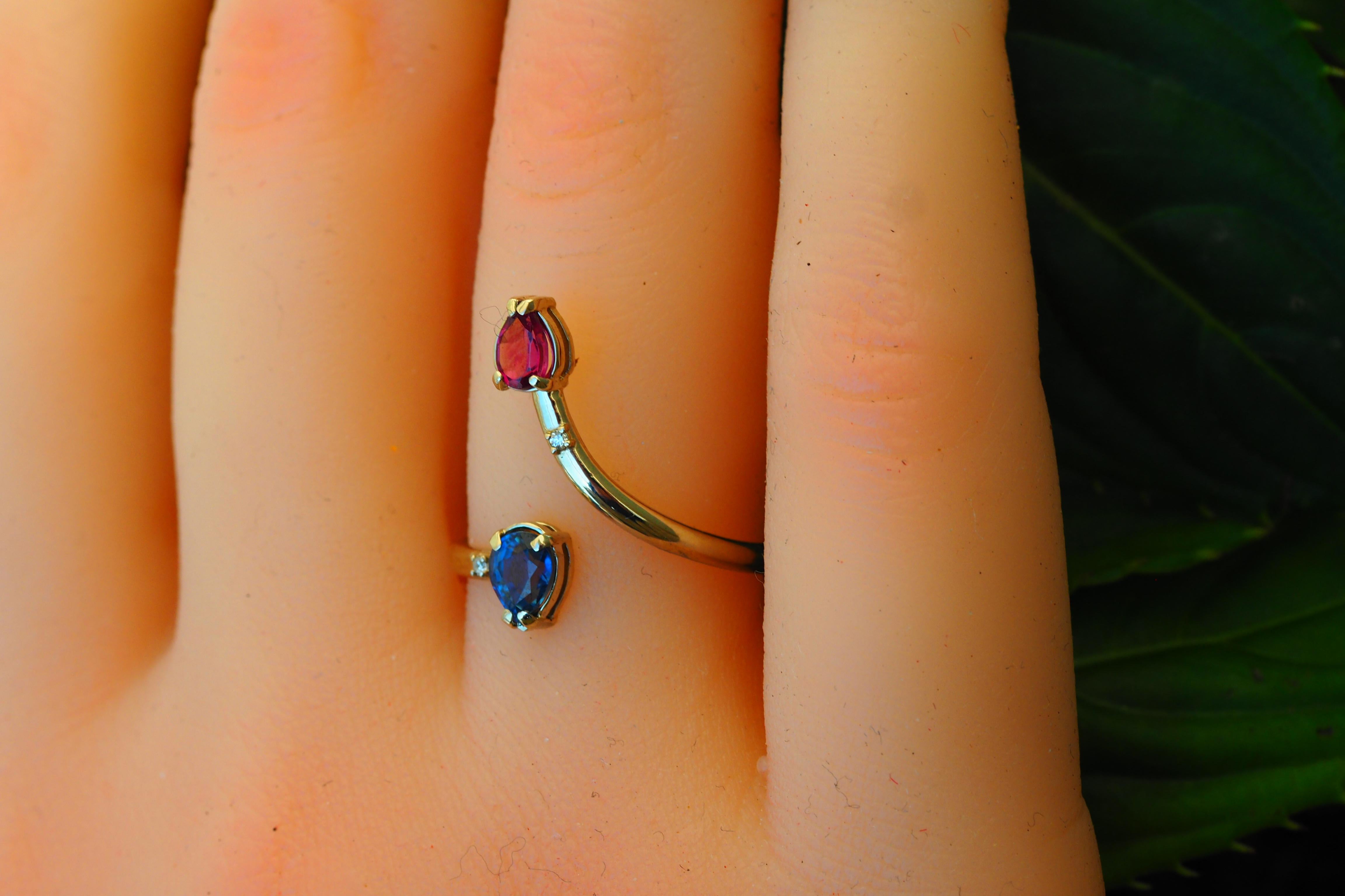 For Sale:  Color Contrast Ring with Red Garnet, Blue Sapphire and Diamonds 7
