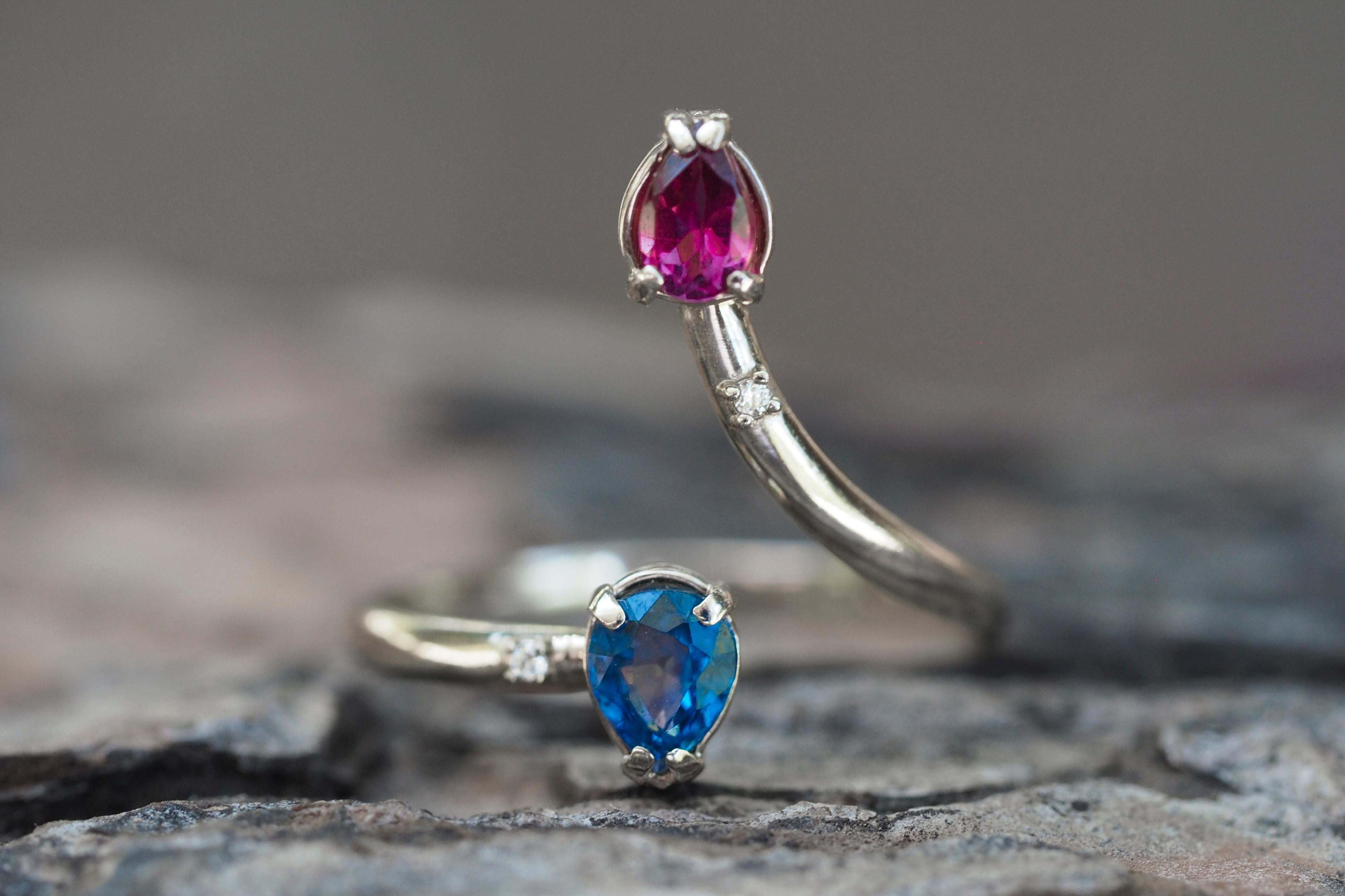 For Sale:  14k gold ring with red garnet, blue sapphire and diamonds 8