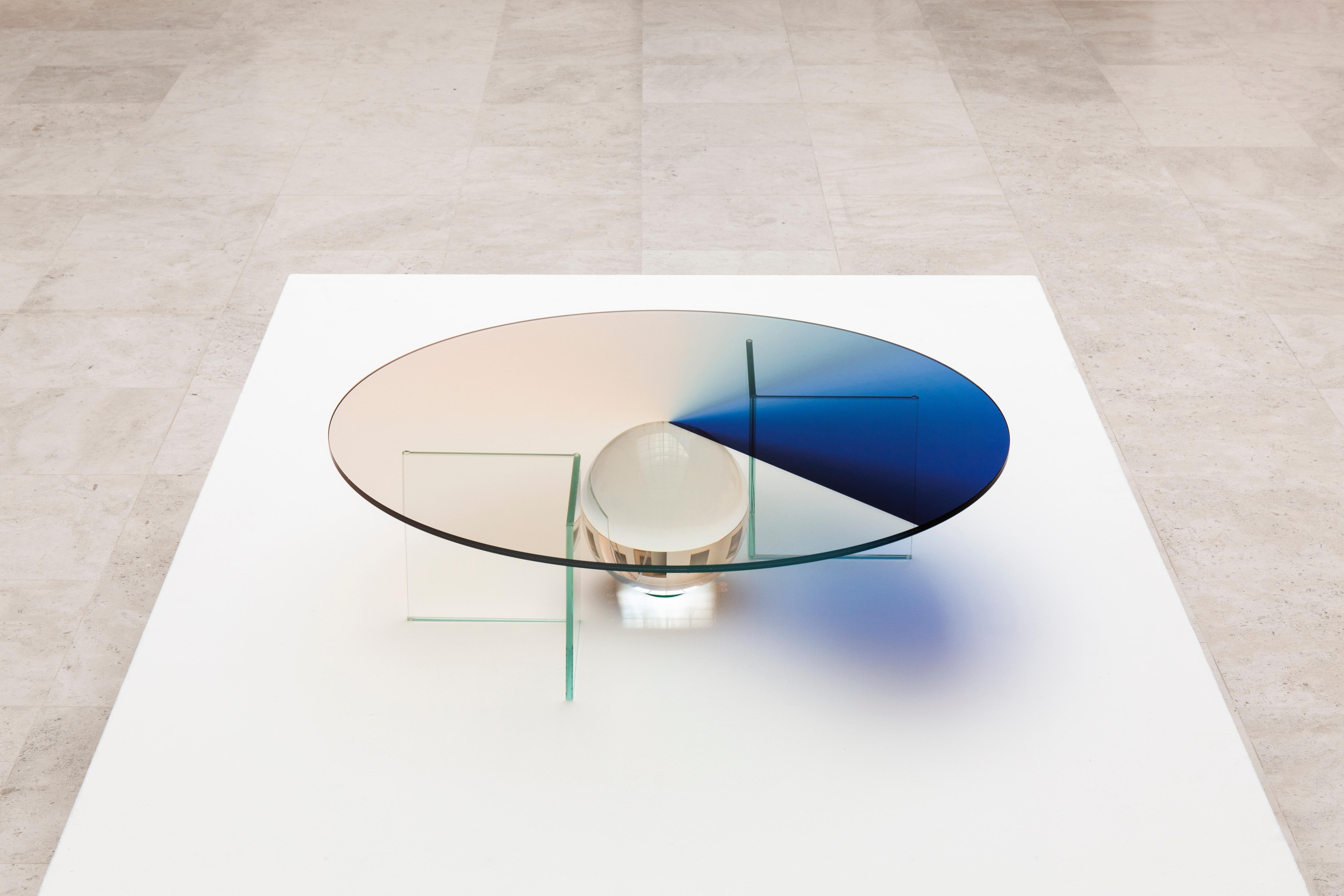 Hand-Crafted Color Dial Blue Table in Glass and Color Sublimated Glass For Sale