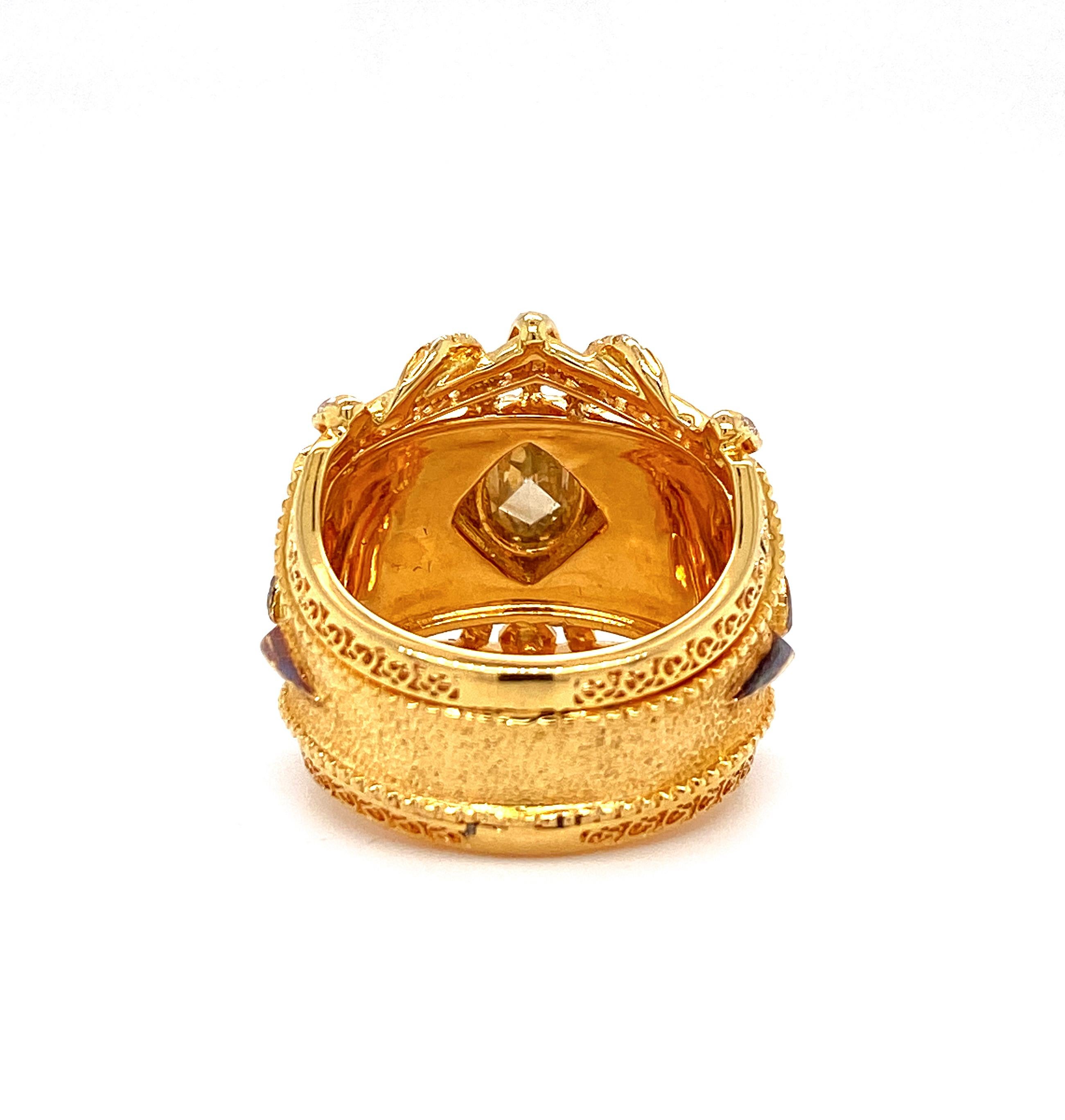 Old Mine Cut Color Diamond Baroque Design Statement Ring in 18 Karat Yellow Gold For Sale