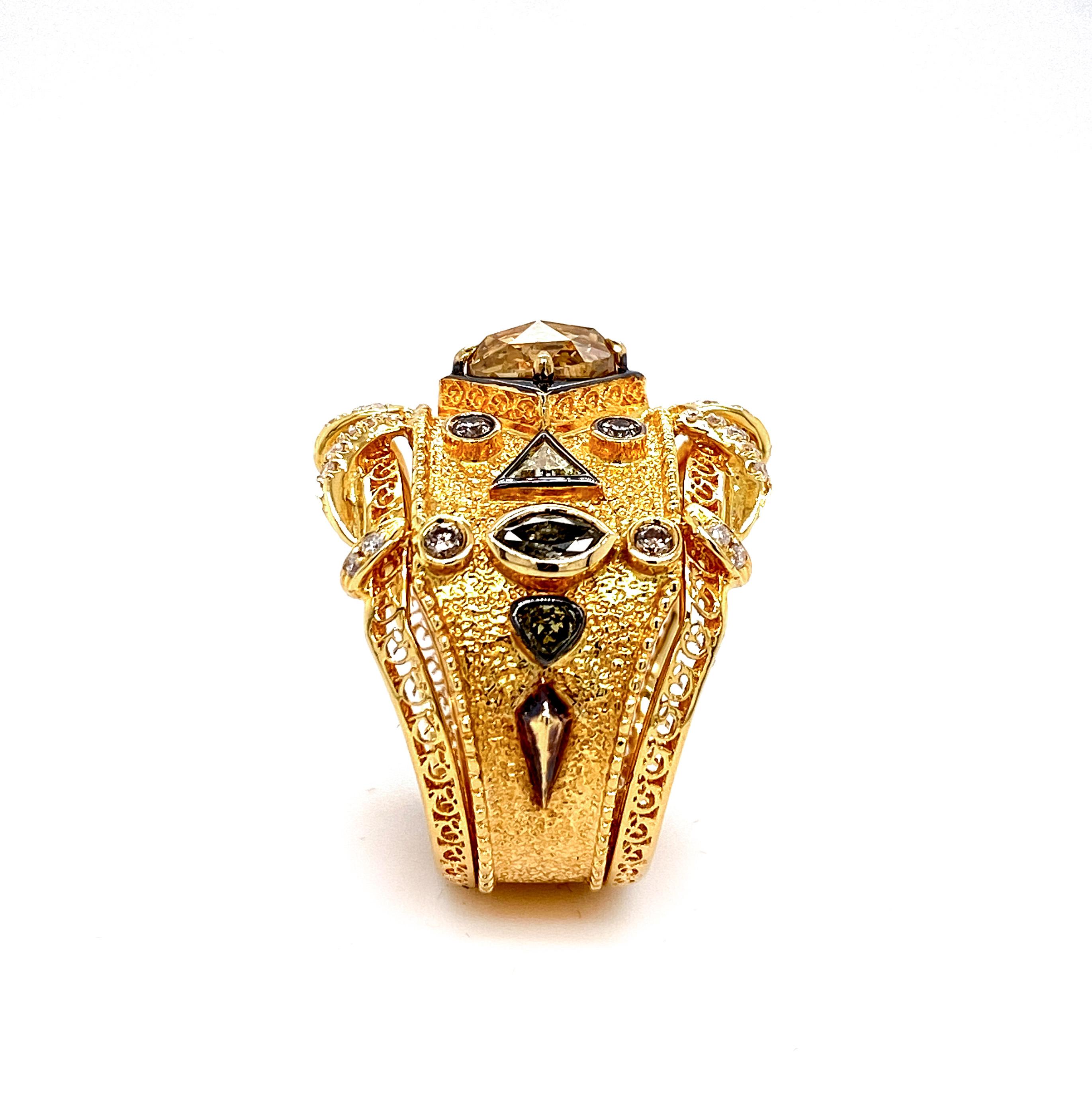 Women's or Men's Color Diamond Baroque Design Statement Ring in 18 Karat Yellow Gold For Sale