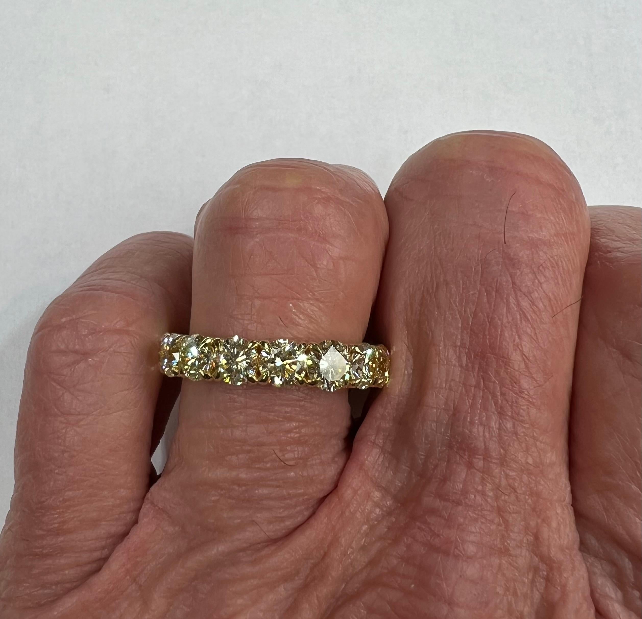 Round Cut Color Diamond Yellow Gold Eternity Ring Size 8.5  For Sale