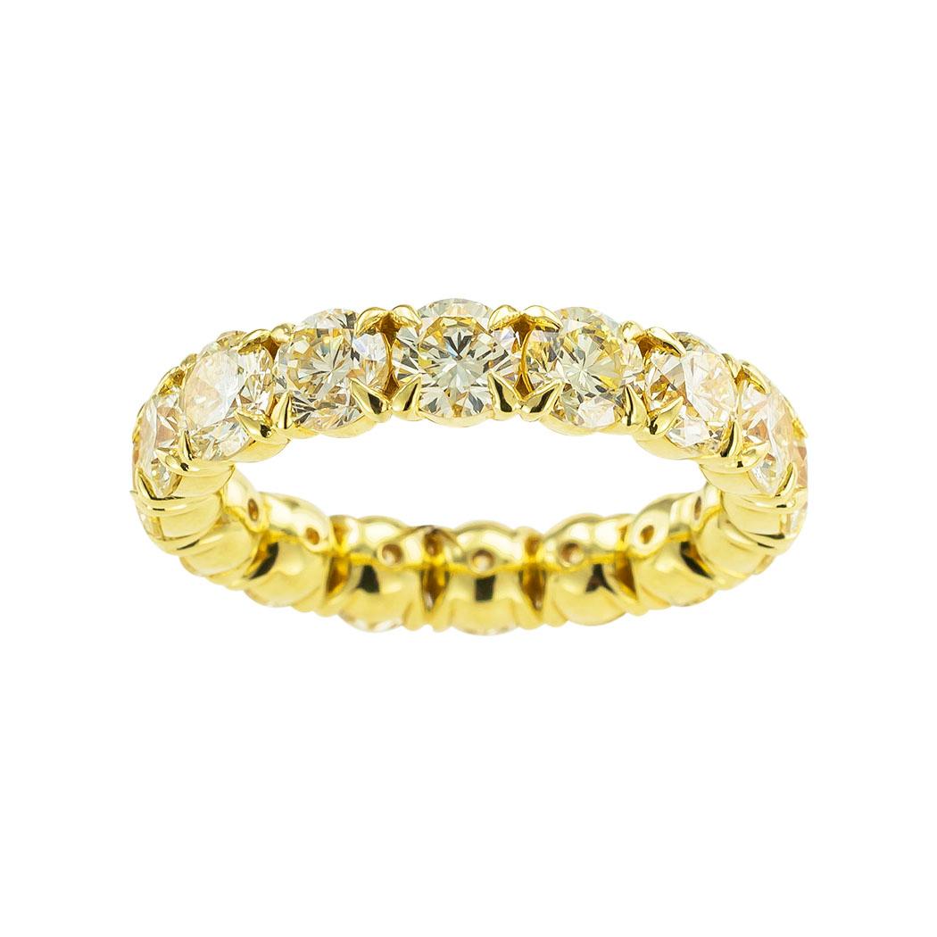 Contemporary Color Diamond Yellow Gold Eternity Ring Size 8.5  For Sale