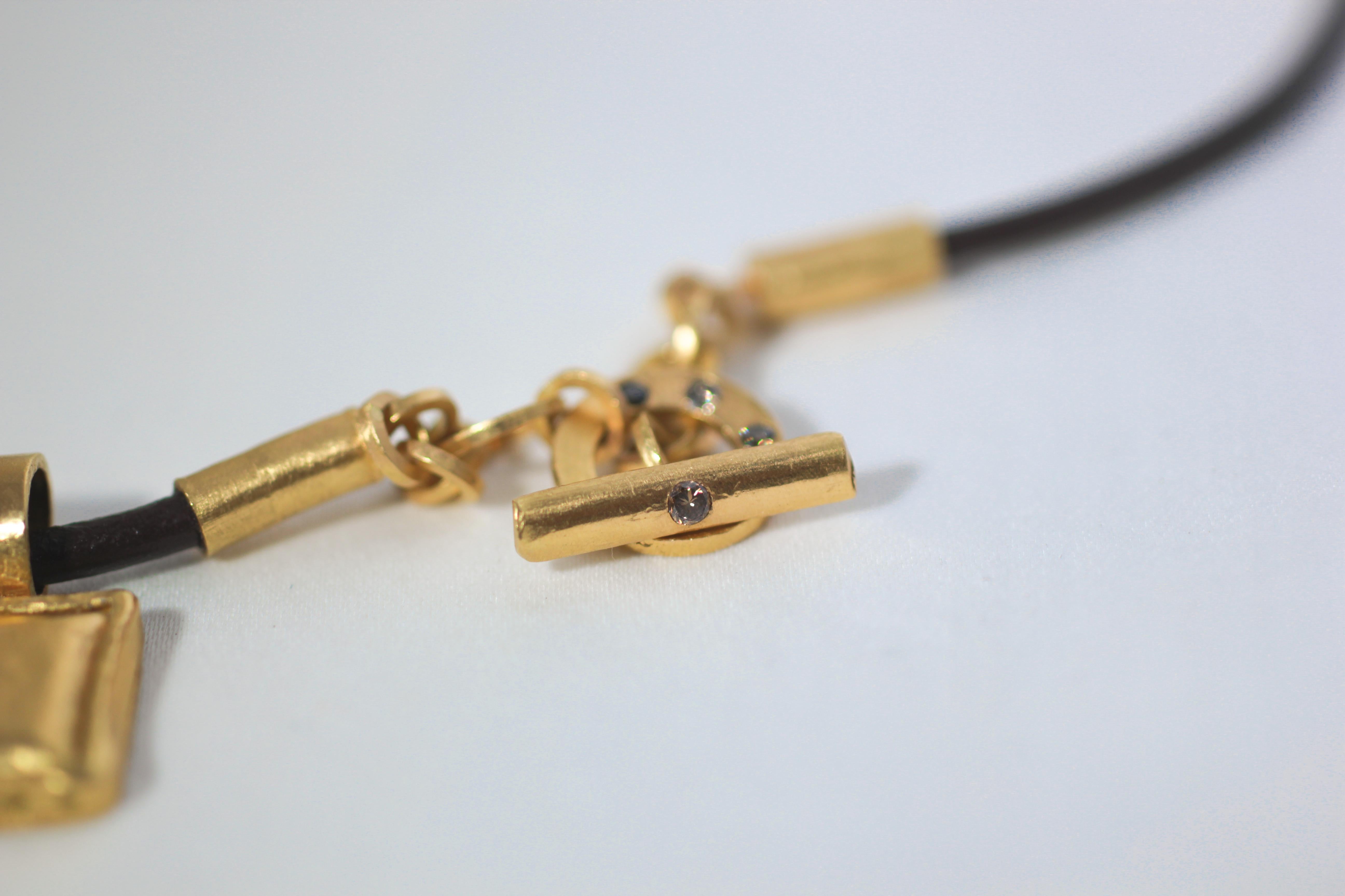 Color Diamonds 22-21 Karat Gold Handmade Pendant on Leather Choker Necklace For Sale 1