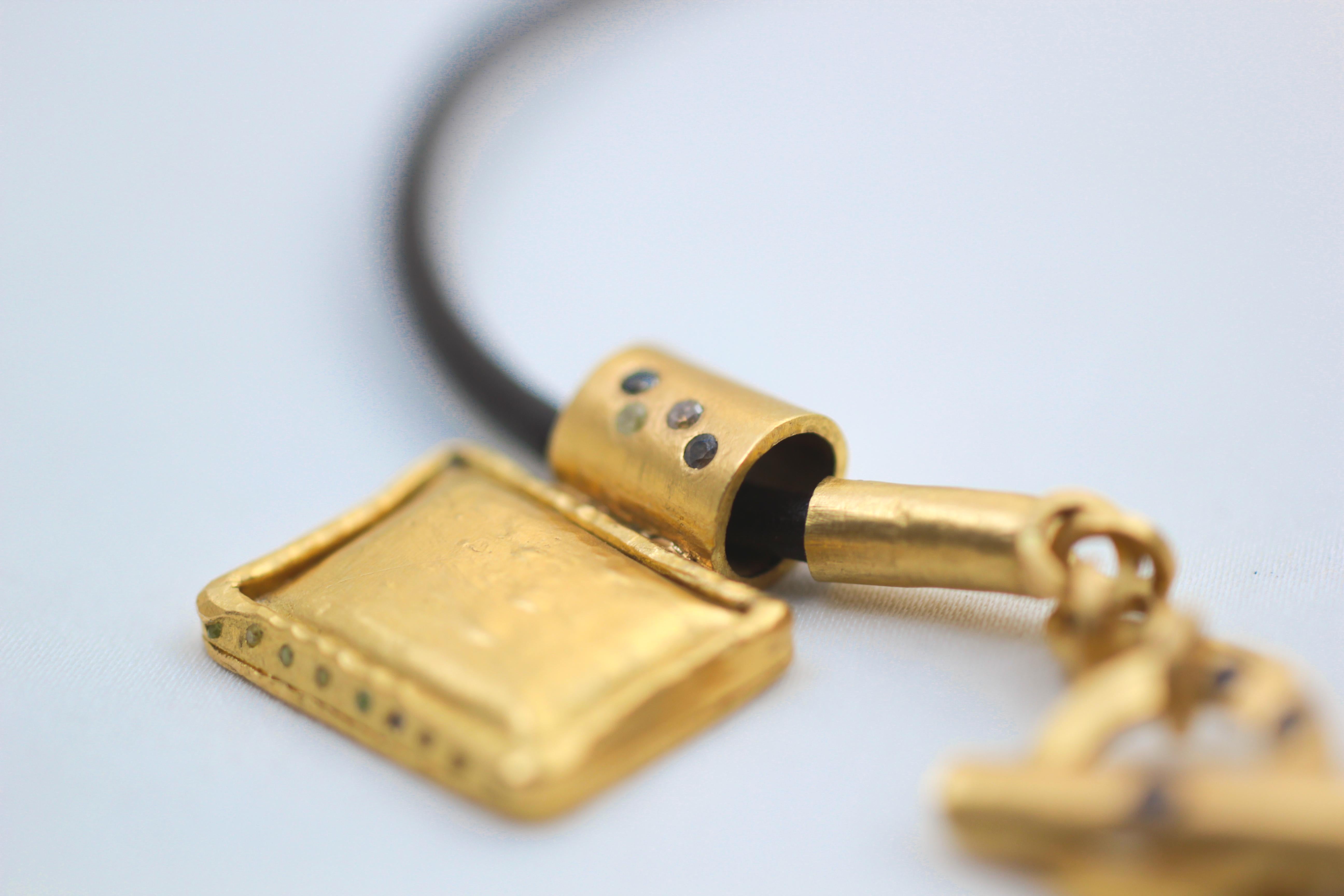 Contemporary Color Diamonds 22-21 Karat Gold Handmade Pendant on Leather Choker Necklace For Sale