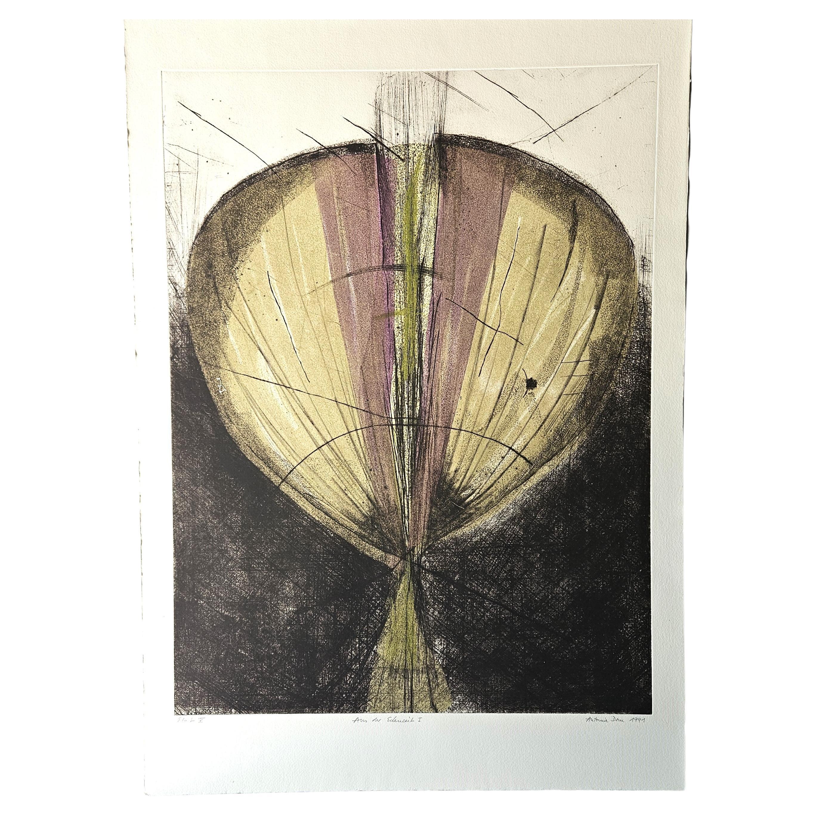 Künstlerin Antonia Dombrowsky 
Farbradierung - Aus der Edenzeit I
Etat  5    1991

Dimension Druck 
Höhe 78 cm / 30,70 Zoll
Breite  55 cm / 21,65 Zoll

Biographie des Künstlers
1935 Geboren in Düsseldorf  
1953-57 Studium der Pädagogik in