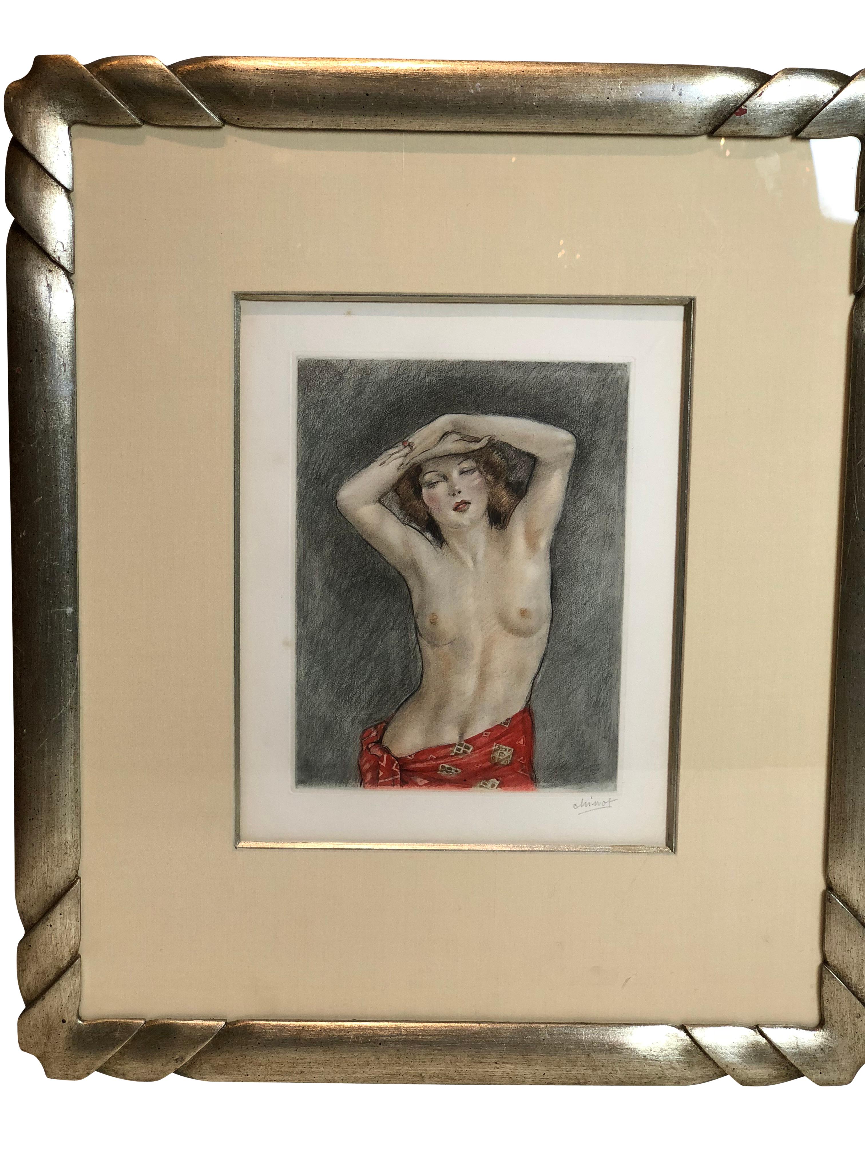 Framed color etching nude titled 