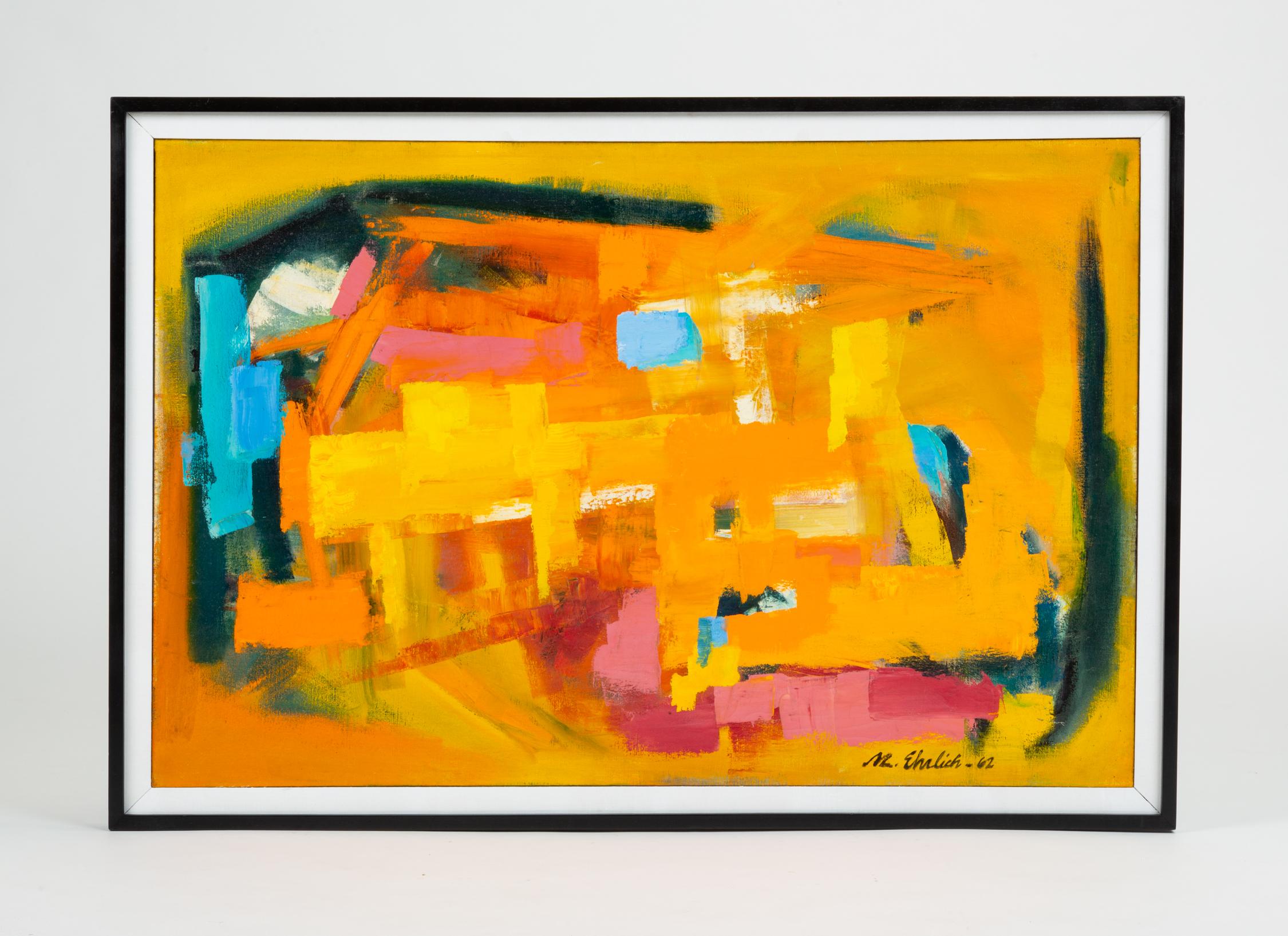 A large abstract painting attributed to Arizona-based artist Mildred “Millie” Ehrlich. Known primarily for her collage and mixed media work in the late 20th century, Ehrlich studied painting at the Art Institute of Chicago and moved through