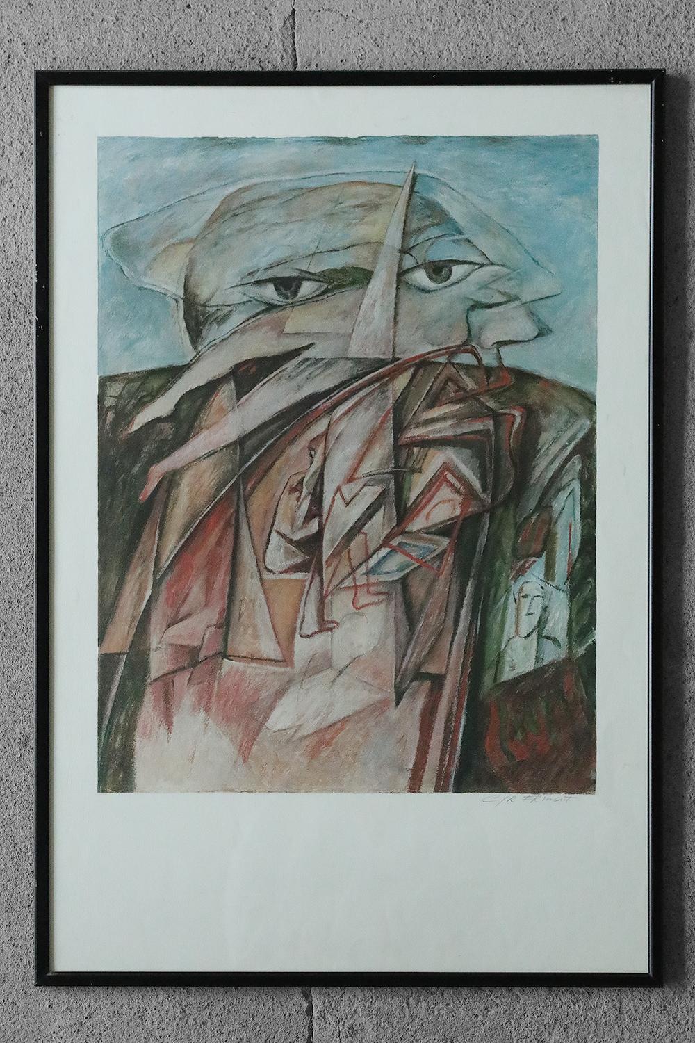 Mid-Century Modern Color Lithograph by Cyr Frimout, Man with two heads, Framed For Sale