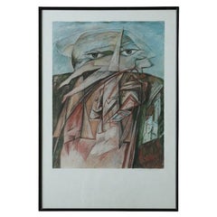 Vintage Color Lithograph by Cyr Frimout, Man with two heads, Framed