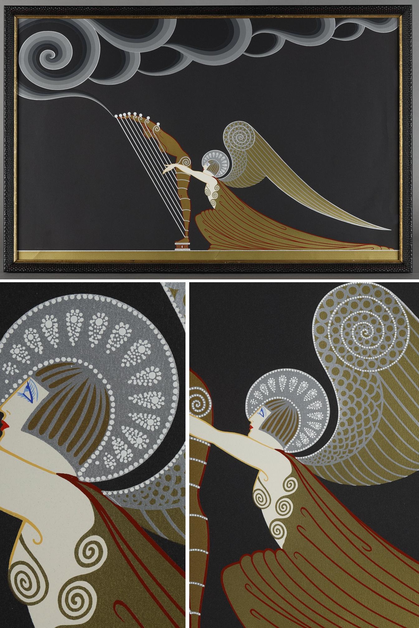 L'ange à la harpe, color lithograph numbered LXXXIV/CL by Romain de Tirtoff dit Erté (1892-1990).

He was born in Saint Petersburg to a famous Russian family whose father was an admiral in the imperial fleet. He moved to Paris in 1912 and took Erté