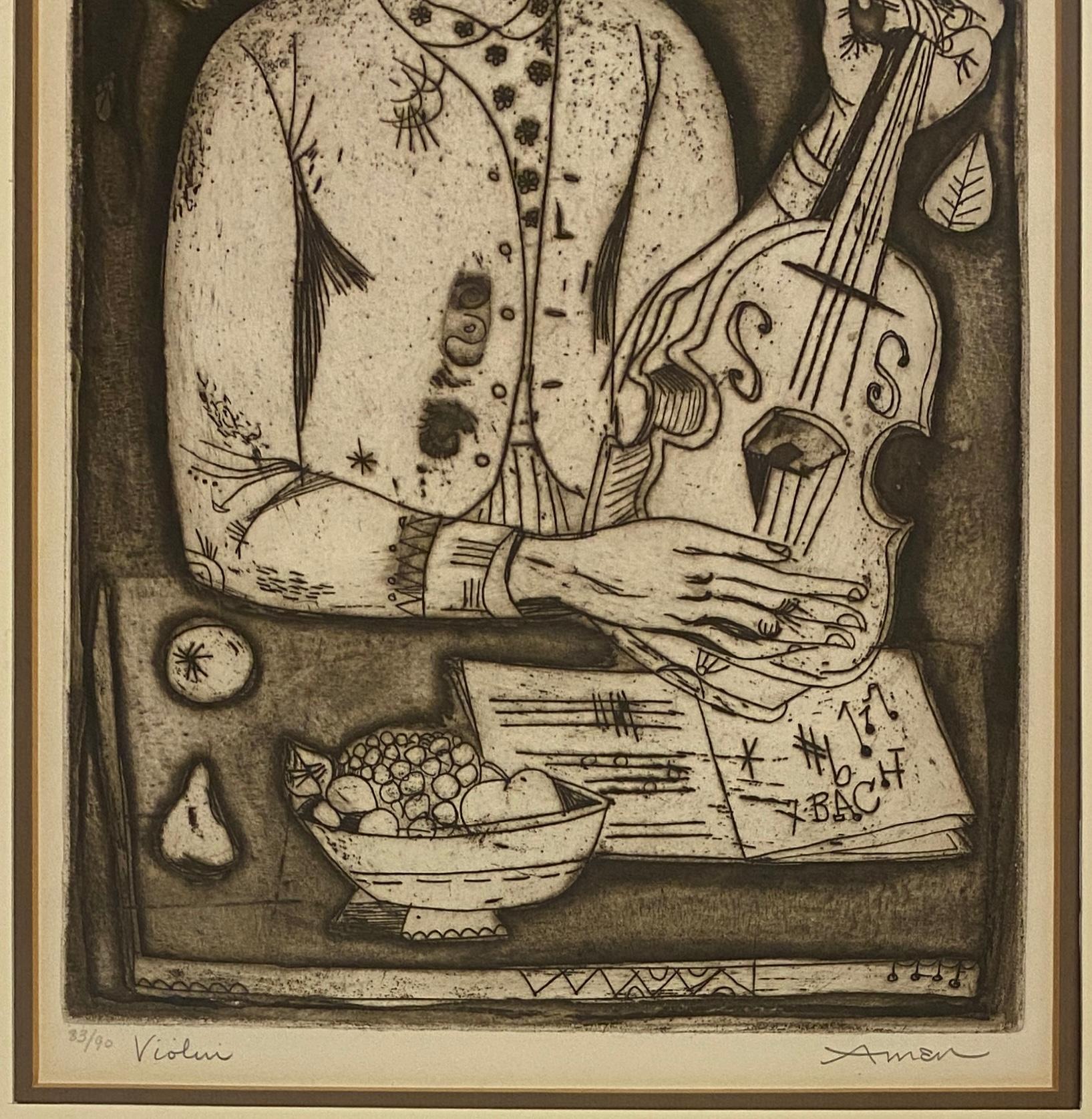 Moderne Lithographie en couleur d'Irving Amen, intitulée « Violin »  en vente