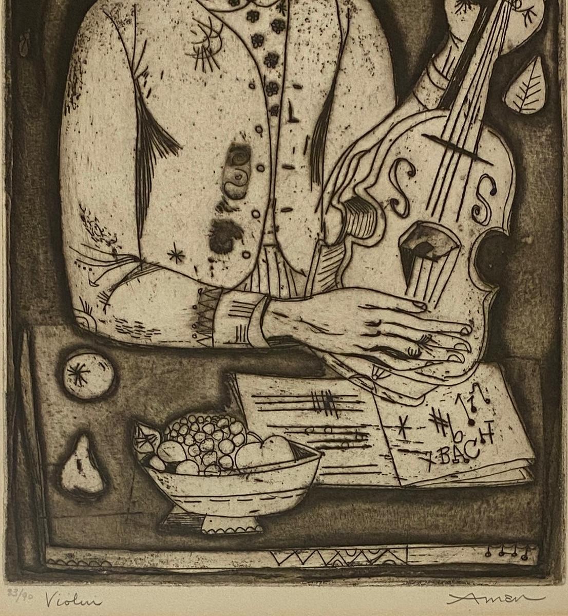 Lithographie en couleur d'Irving Amen, intitulée « Violin »  Bon état - En vente à Miami, FL