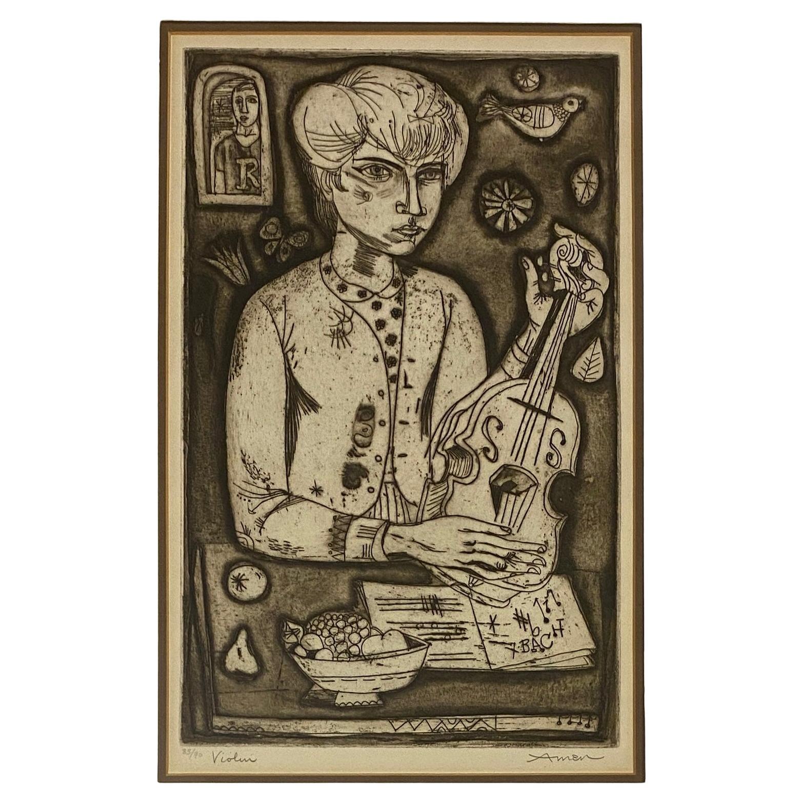Lithographie en couleur d'Irving Amen, intitulée « Violin »  en vente