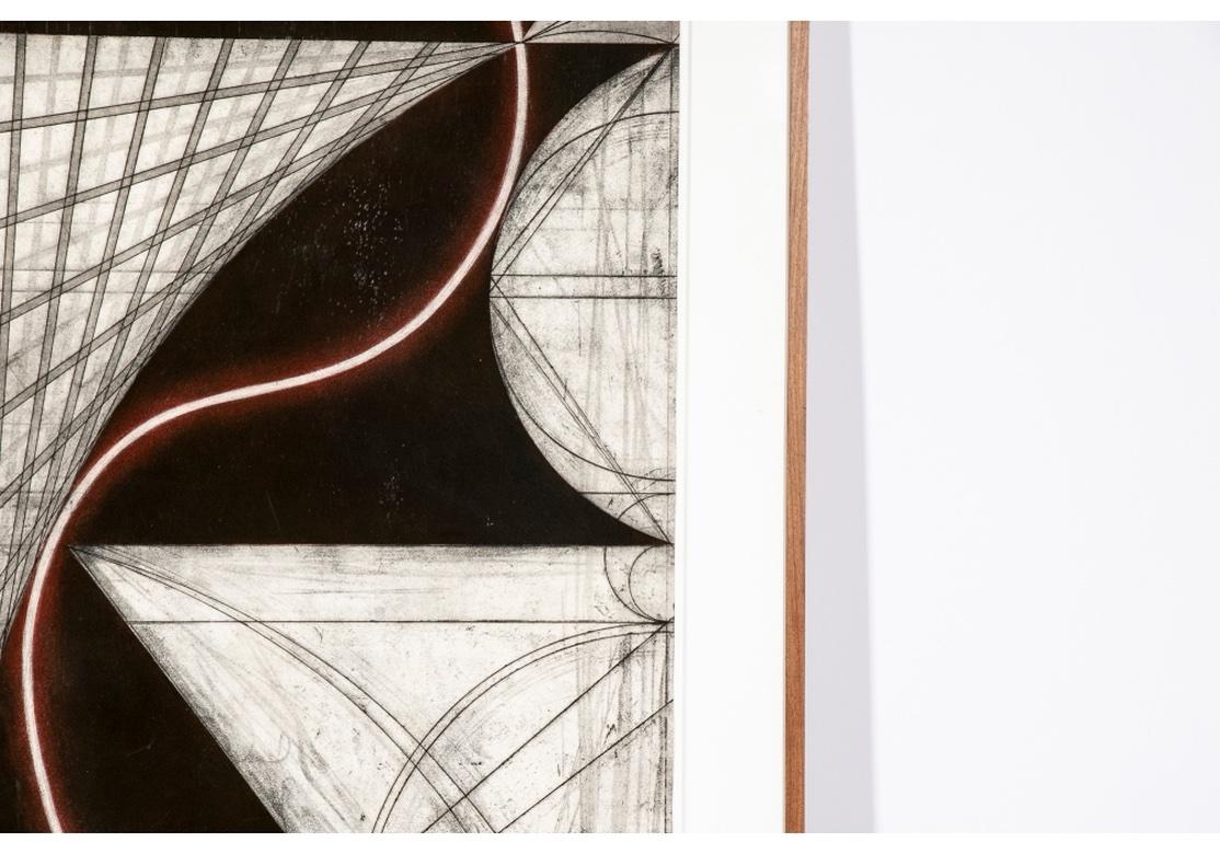 Unsigned. Framed by master framer Yasuo Minagawa (Japanese, 1934-2015), labeled on verso at an old address- Great Jones St., New York City (pre mid 1990's). 
A large abstract black, gray, and white with red linear composition reminiscent of the