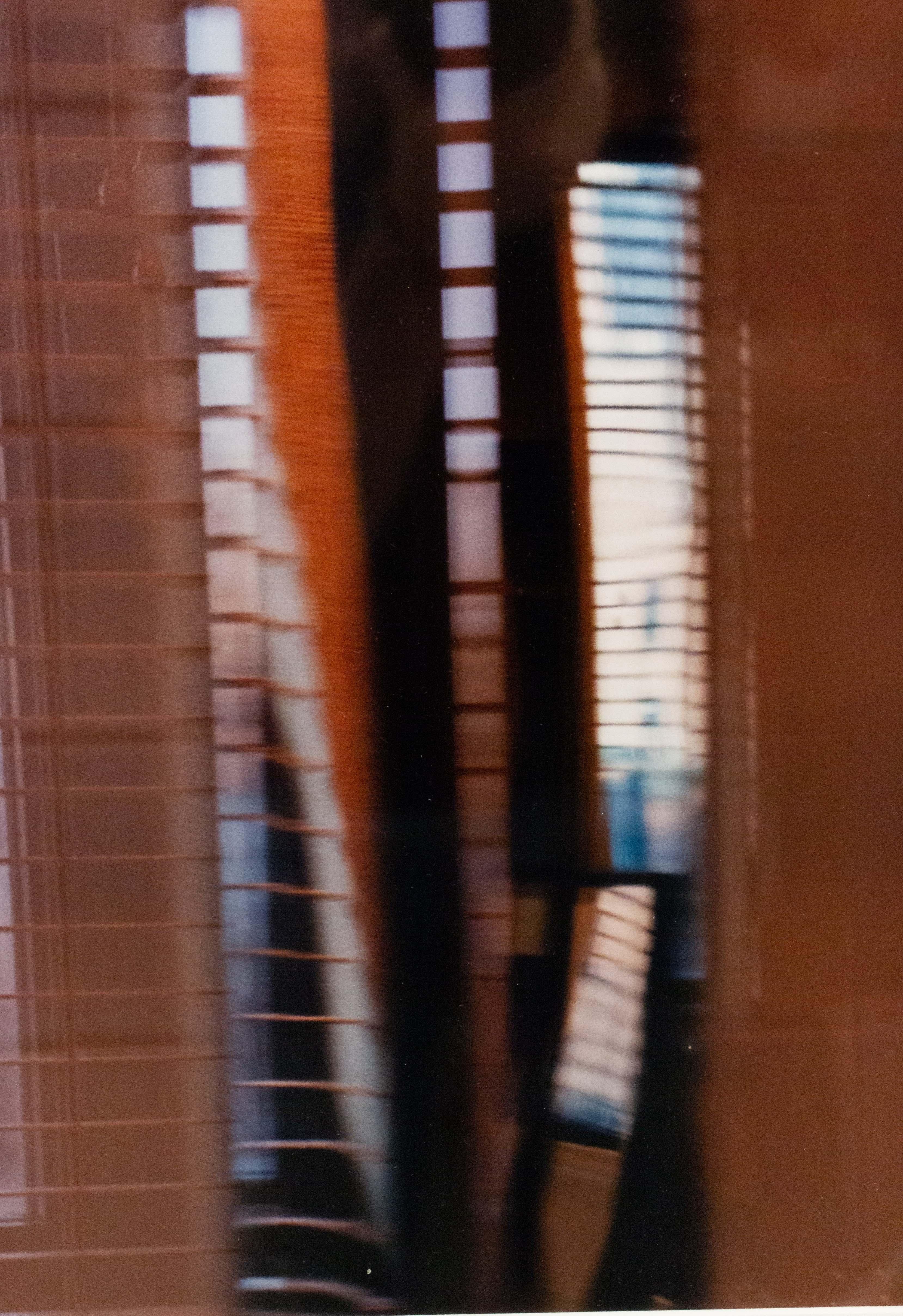 Color photograph in a black frame of a viewer looking through venetian blinds at a cityscape. Photograph by Shelley Harrison.
    