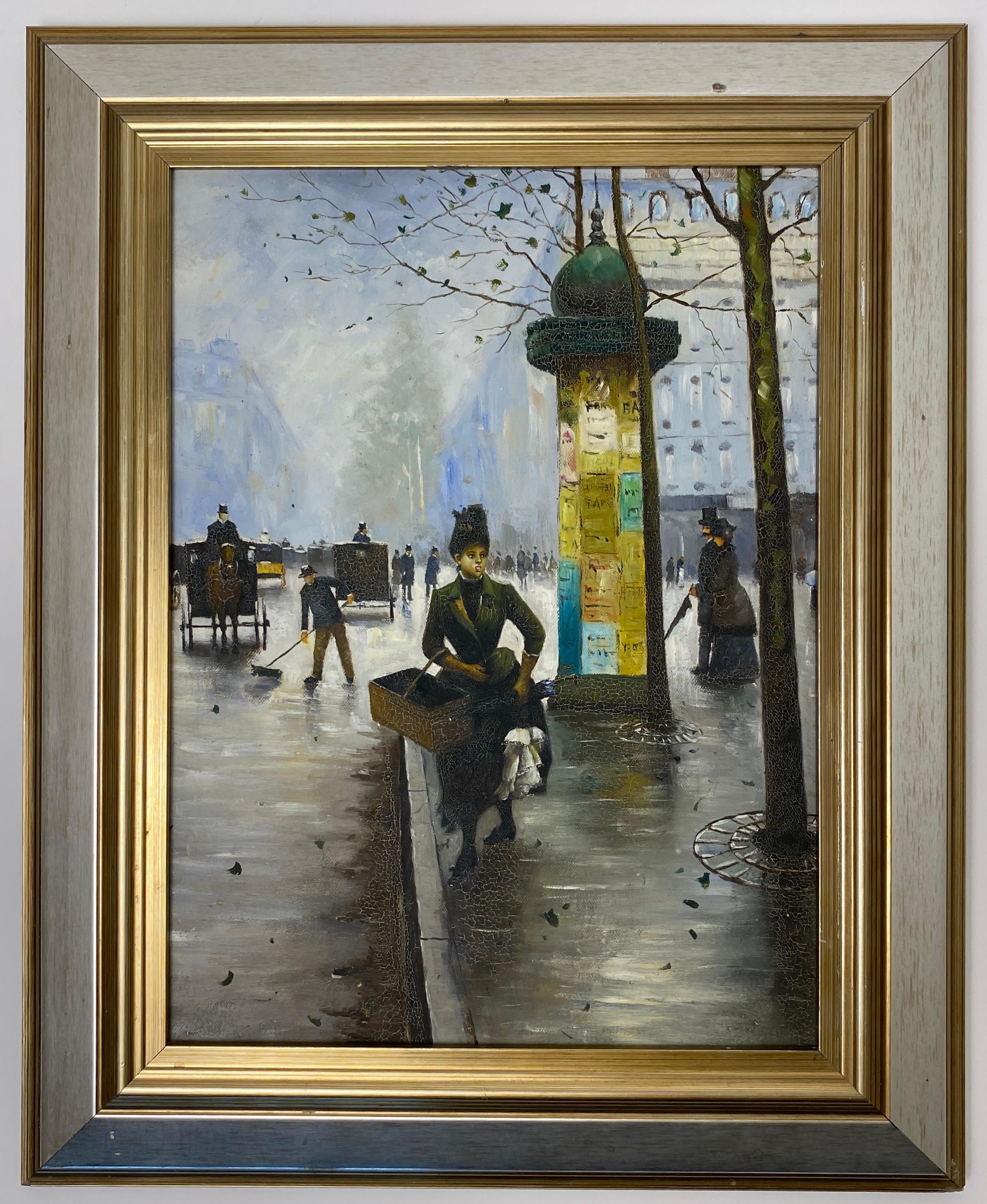 Farbdruck mit der Darstellung einer Pariser Straßenszene,  Paris, Frankreich, Stadt- und Metro-Station (20. Jahrhundert) im Angebot
