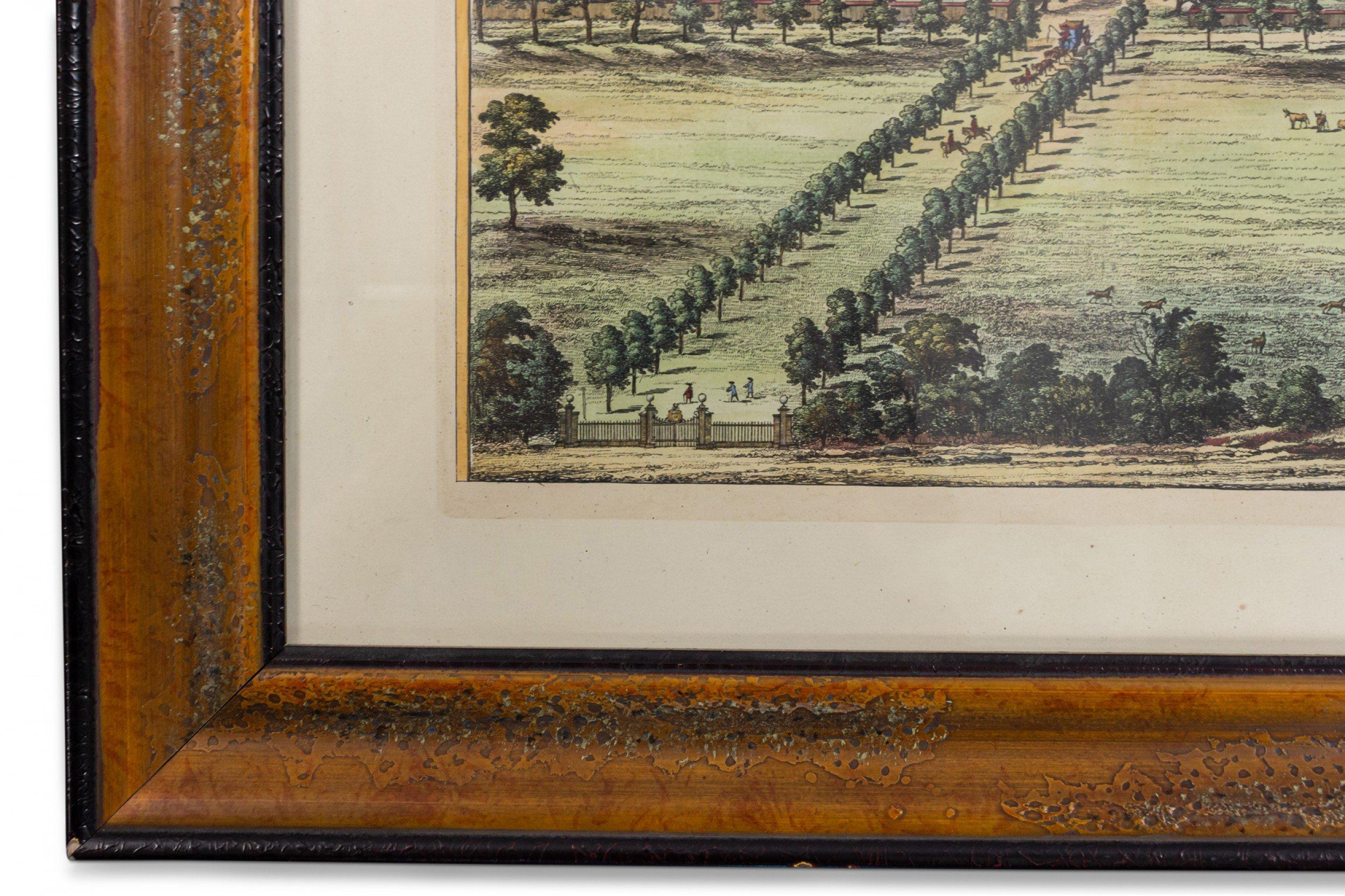 English Victorian color lithograph of the aerial view of an English estate in white matting and a rectangular wood & black trimmed frame.
 