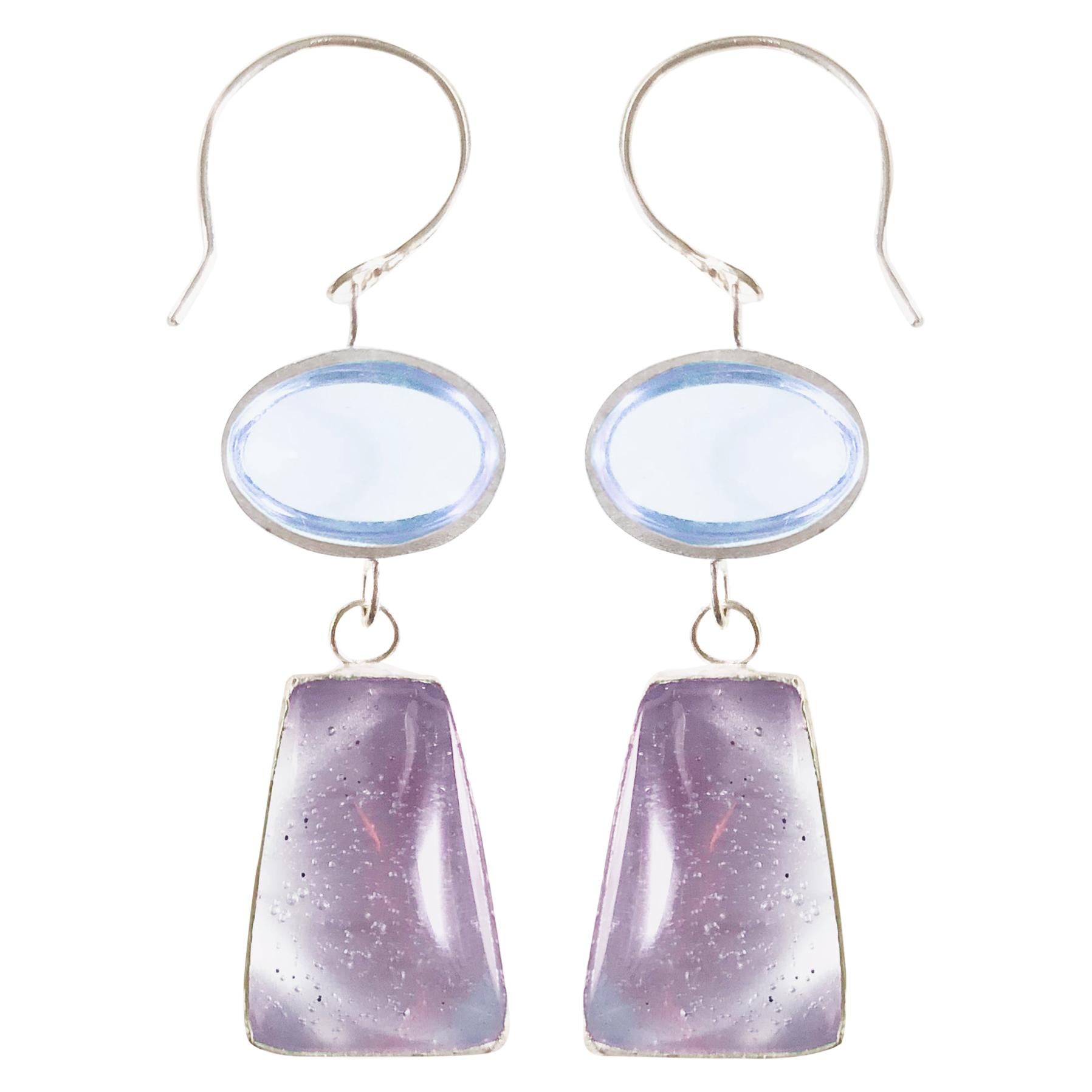 Aur Jewelry Color Shifting Glass and Sterling Silver Stacked Shift Drop Earrings For Sale