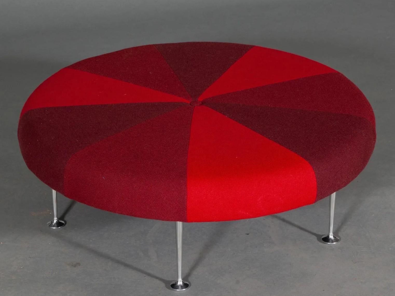 Alexander Girard for Herman Miller Color Wheel. The ottoman is made from a fabric used by the creator called Kvadrat Hallingdal fabric. Legs are polished aluminum. Can be used as a bench or table.