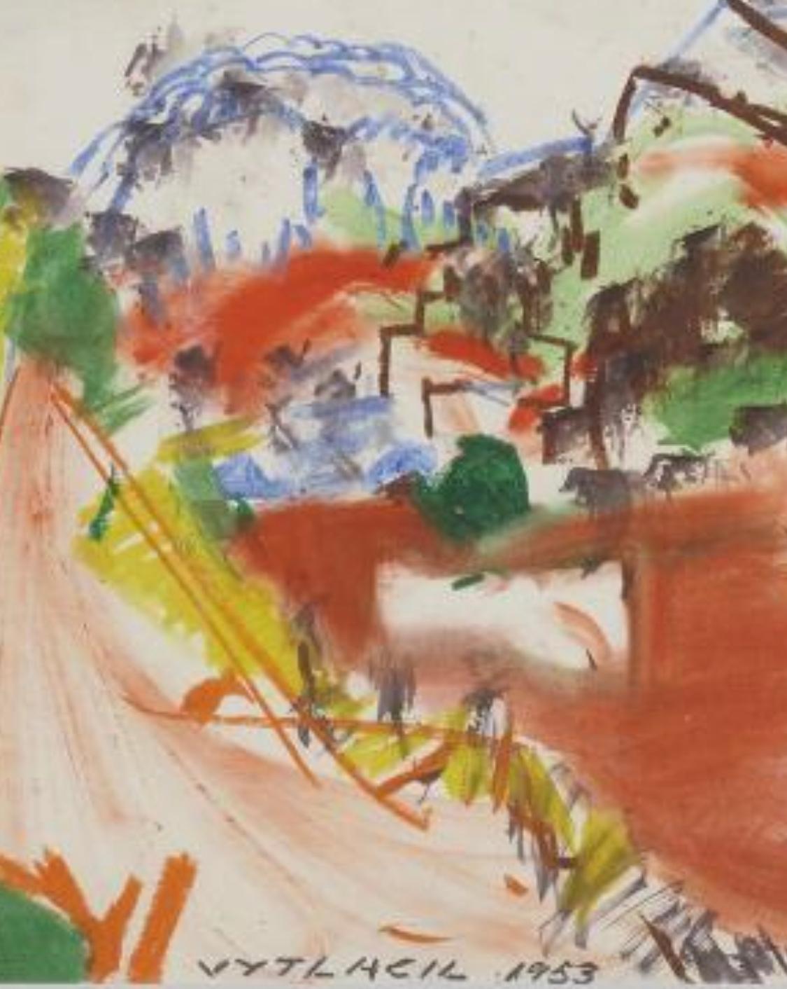 Oil pastel and watercolor on paper. Signed and dated to lower right edge 'Vaclav Vytlacil 1953'. Signed and dated to lower left edge 'Vytlacil 1953'. It is also titled on reverse. Painting measures: 20.25