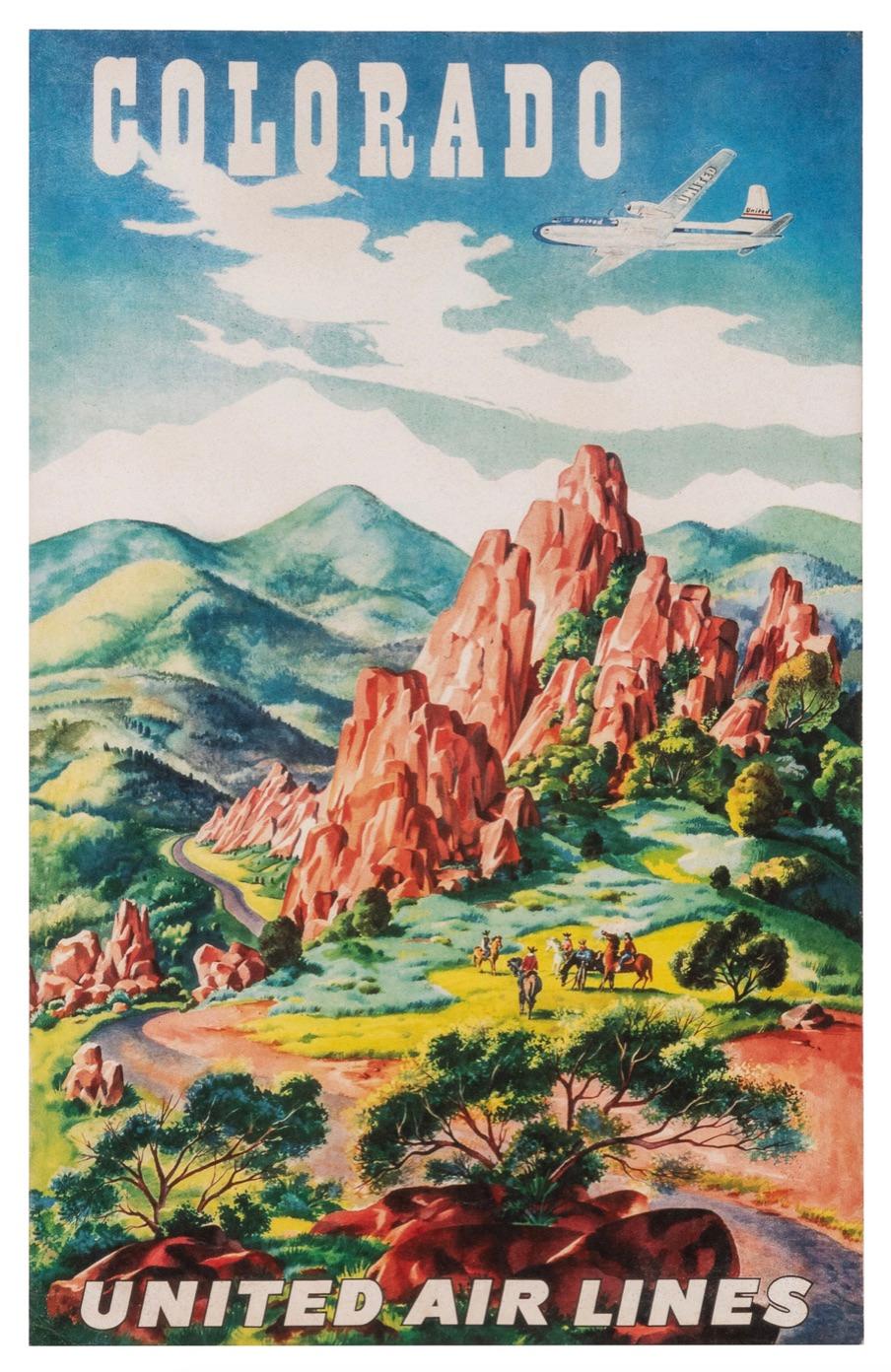 Angeboten wird ein Vintage-Reiseplakat für United Airlines aus den 1950er Jahren. Dieses Werbeplakat zeigt Colorado als eines der verlockenden Reiseziele von United Airlines. Das Design zeigt eine Szene aus dem Park Garden of the Gods in Colorado