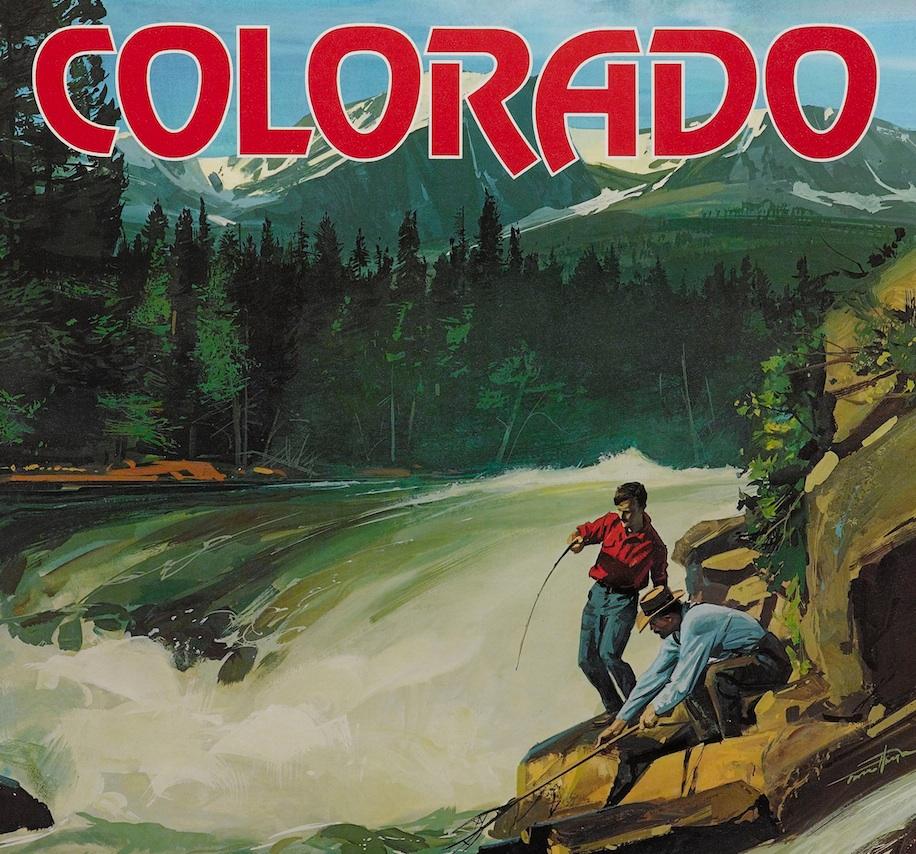 Offered is a vintage travel poster for United Airlines from the 1970s. This advertisement poster shows Colorado as one of United's alluring travel destinations. The design features two men fishing along a rushing river, surrounded by picturesque