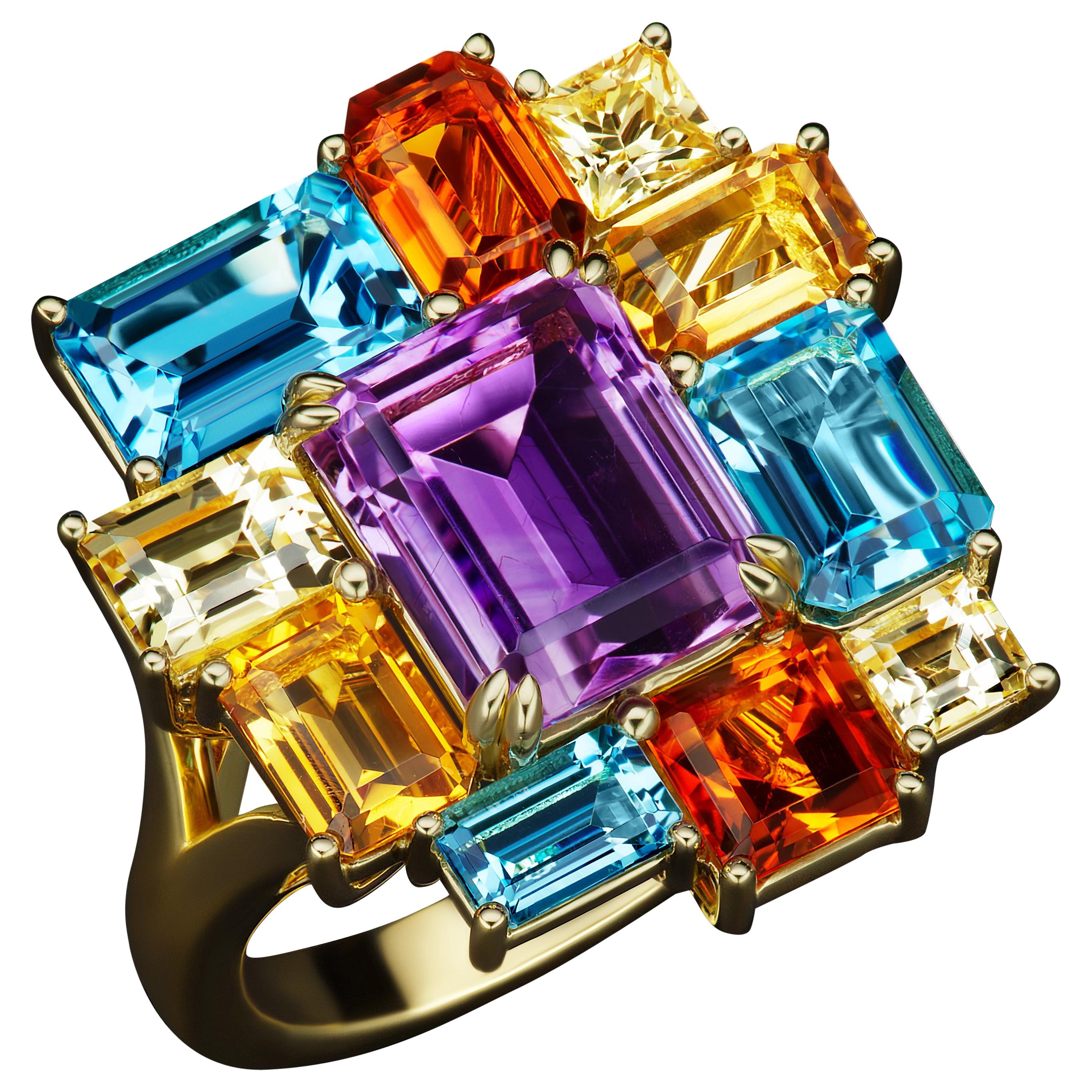 JAG New York 18 Karat Amethyst, Blue Topaz, Citrine and Yellow Sapphire Ring For Sale