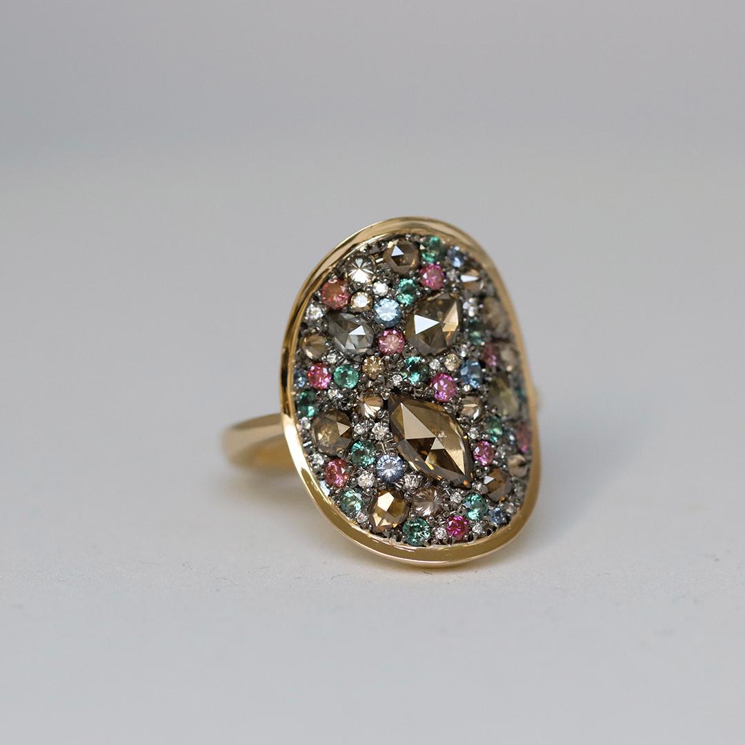 Discover the beauty and precision of Belgian craftsmanship in this Alexandrite, brown diamond, unheated blue Sapphire and white diamond ring by jewellery designer 'Joke Quick'. 

This ring, Created entirely by hand without any casting or printing