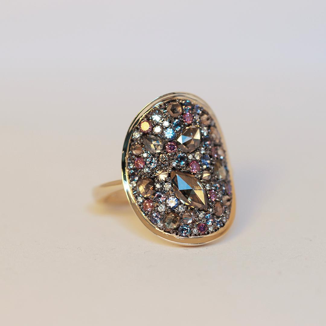 Contemporary Colorchanging Alexandrite + Brown Diamond + Purple Diamond + Blue Sapphire Ring For Sale